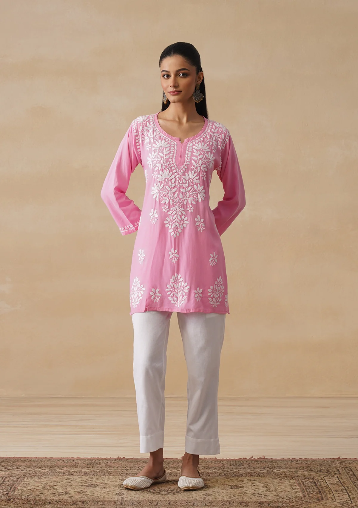 HOC Rayon Chikankari Solid Women's Short Kurta - Pink pastel - Image 3
