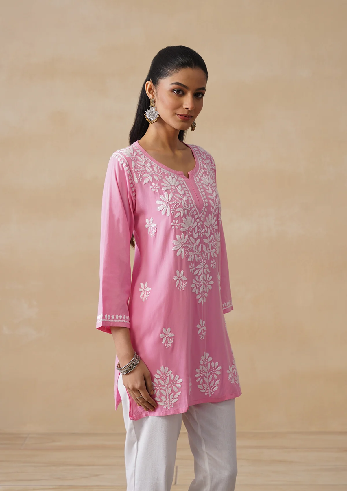 HOC Rayon Chikankari Solid Women's Short Kurta - Pink pastel - Image 4