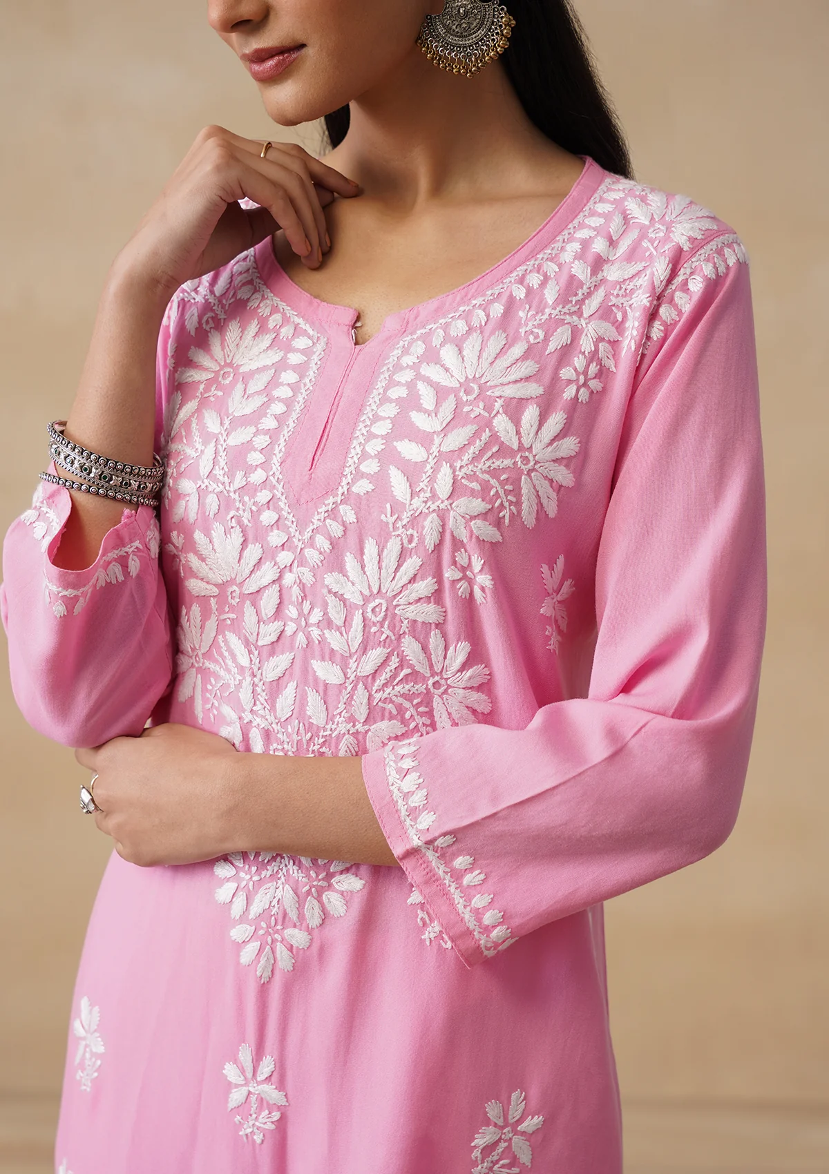 HOC Rayon Chikankari Solid Women's Short Kurta - Pink pastel - Image 5