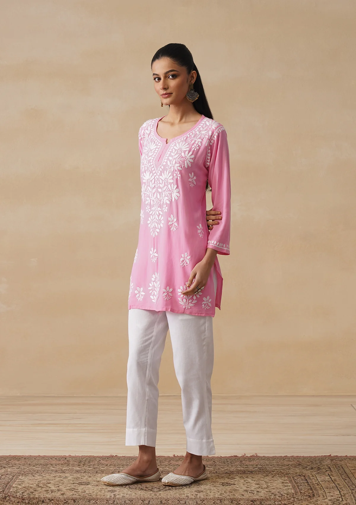 HOC Rayon Chikankari Solid Women's Short Kurta - Pink pastel - Image 6