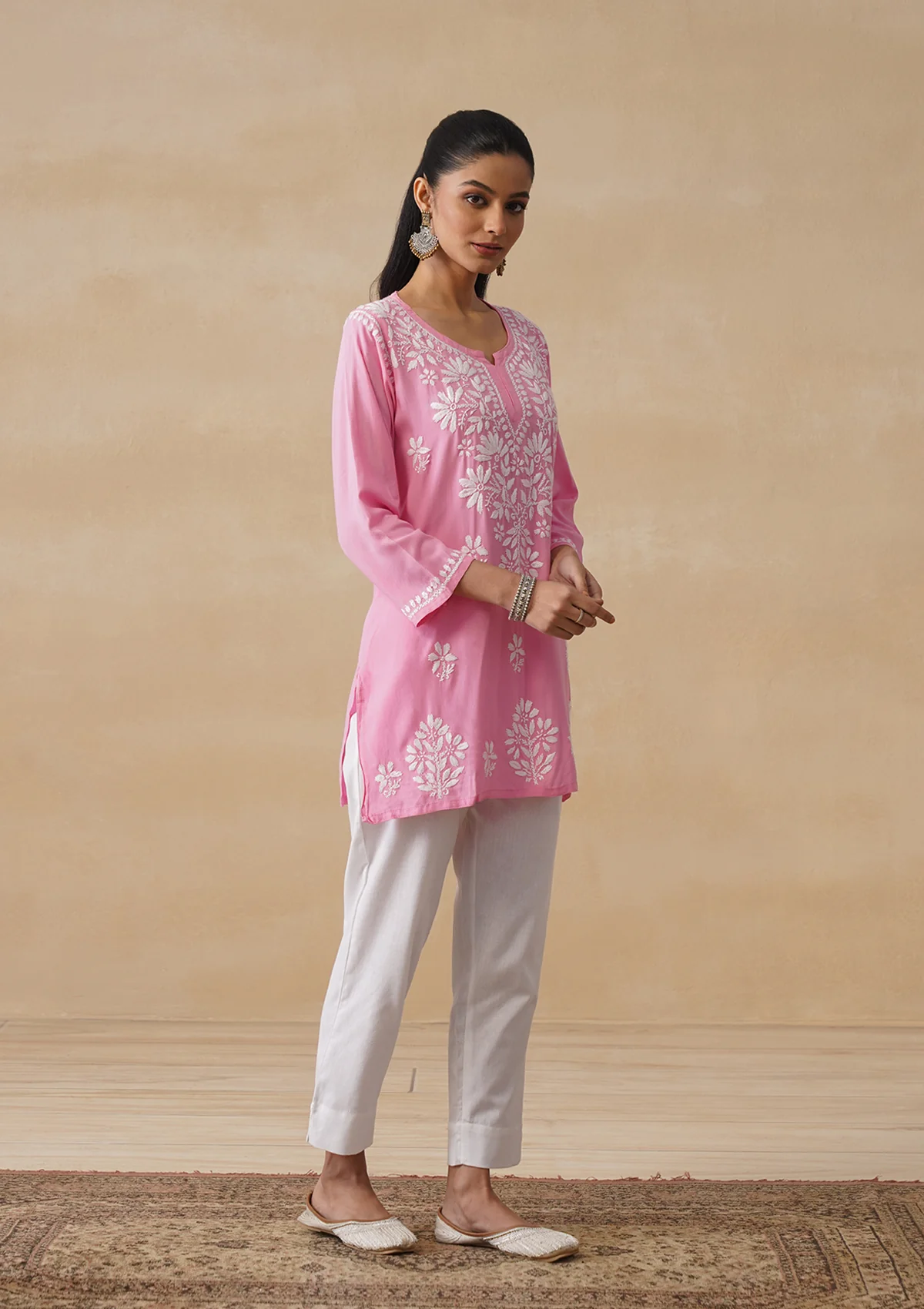 HOC Rayon Chikankari Solid Women's Short Kurta - Pink pastel - Image 7