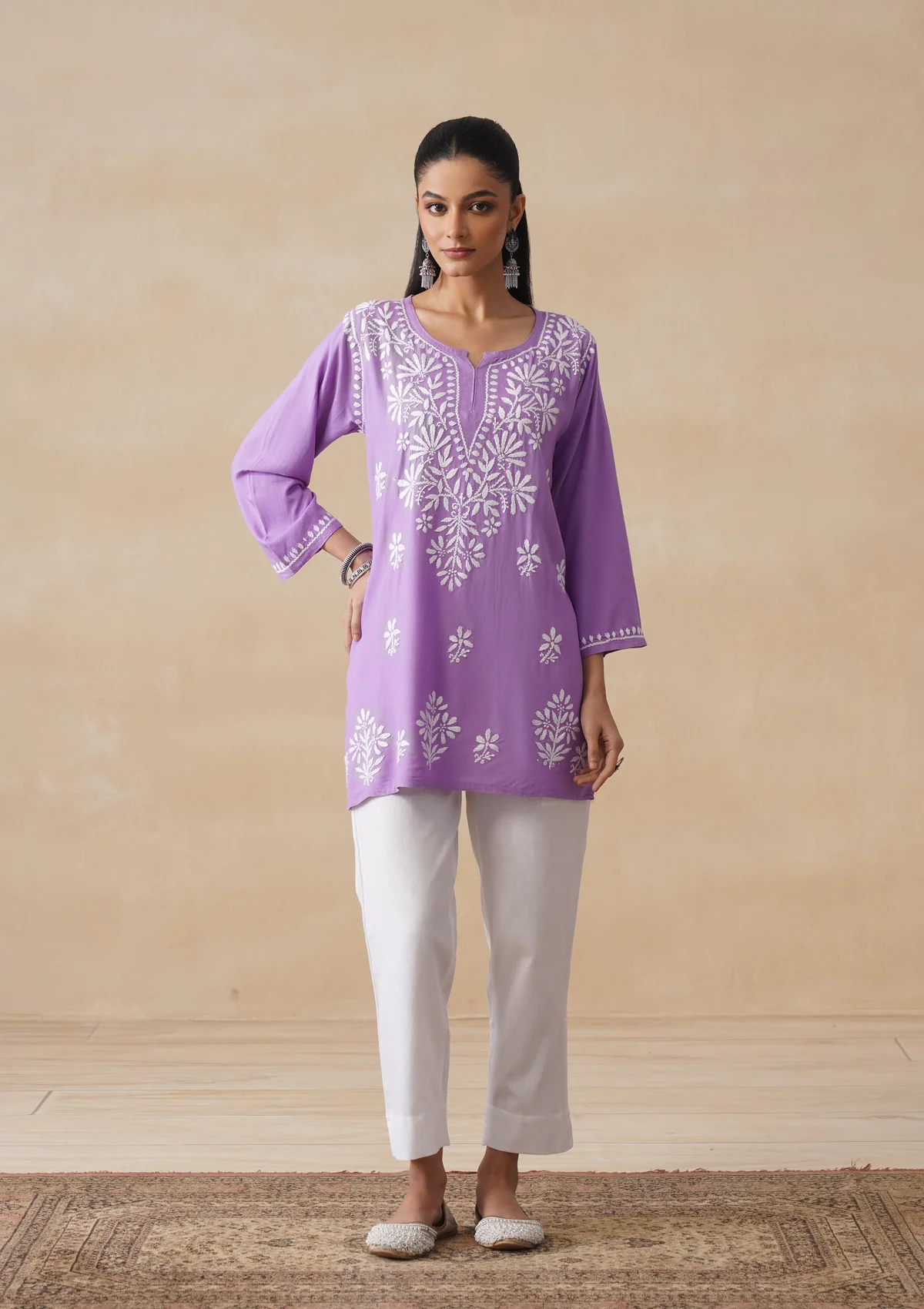 HOC Rayon Chikankari Solid Women's Short Kurta - Purple - Image 3