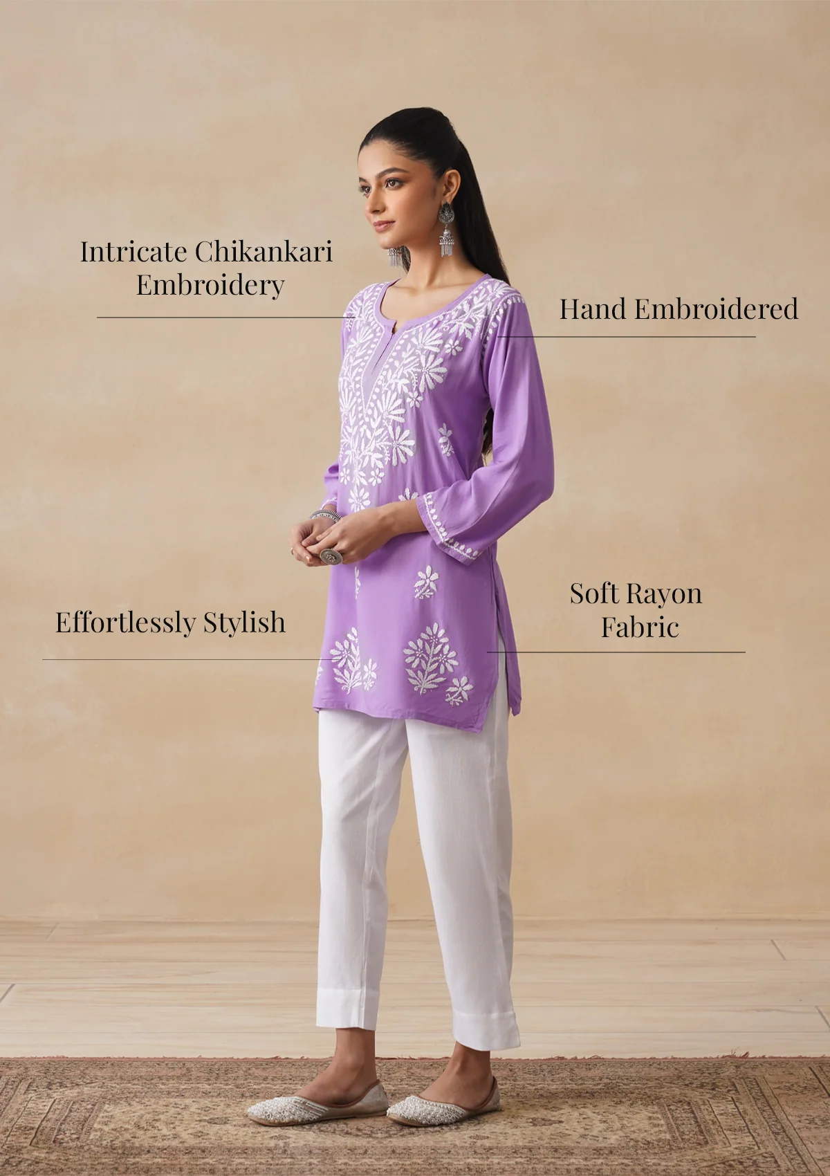 HOC Rayon Chikankari Solid Women's Short Kurta - Purple - Image 9