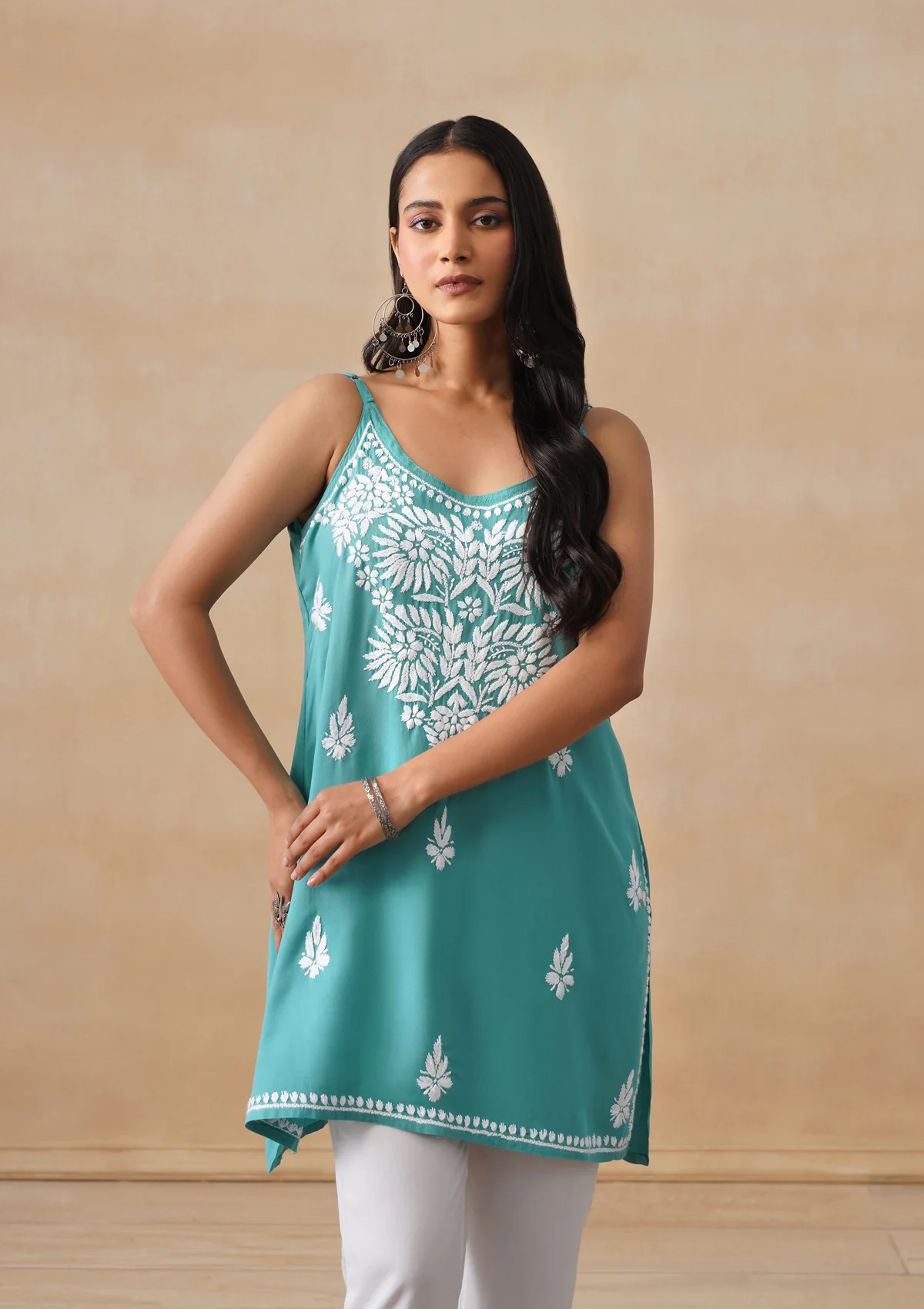 HOC Rayon Chikankari Solid Women's Short Kurta - Teal