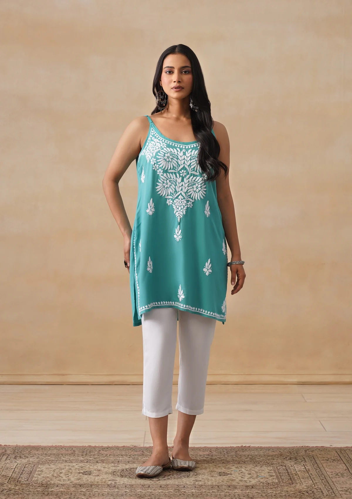 HOC Rayon Chikankari Solid Women's Short Kurta - Teal - Image 3