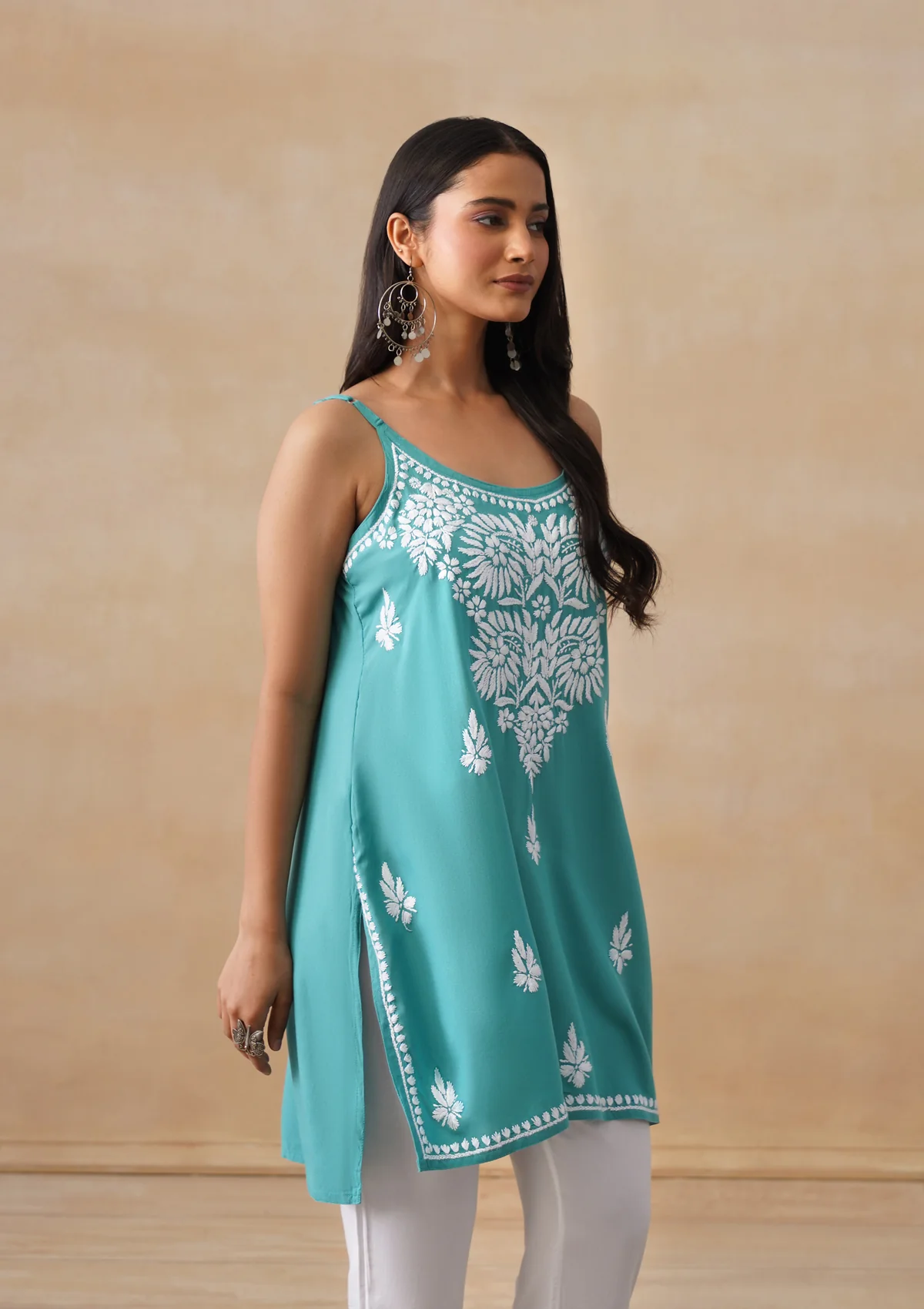 HOC Rayon Chikankari Solid Women's Short Kurta - Teal - Image 7