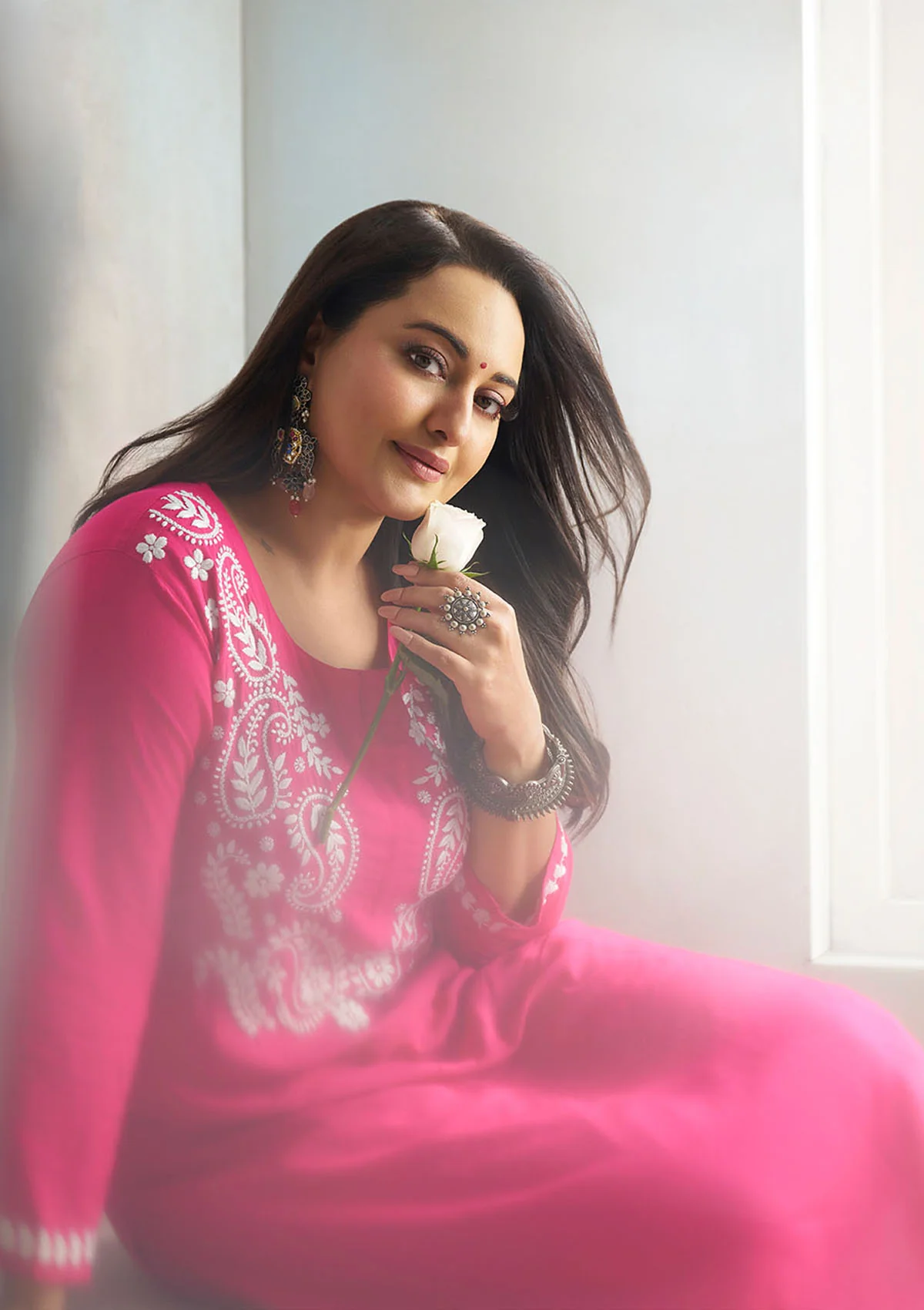 Sona Chikankari Solid Rayon Women's 2 PC Long Kurta Set - Fuchsia - Image 2