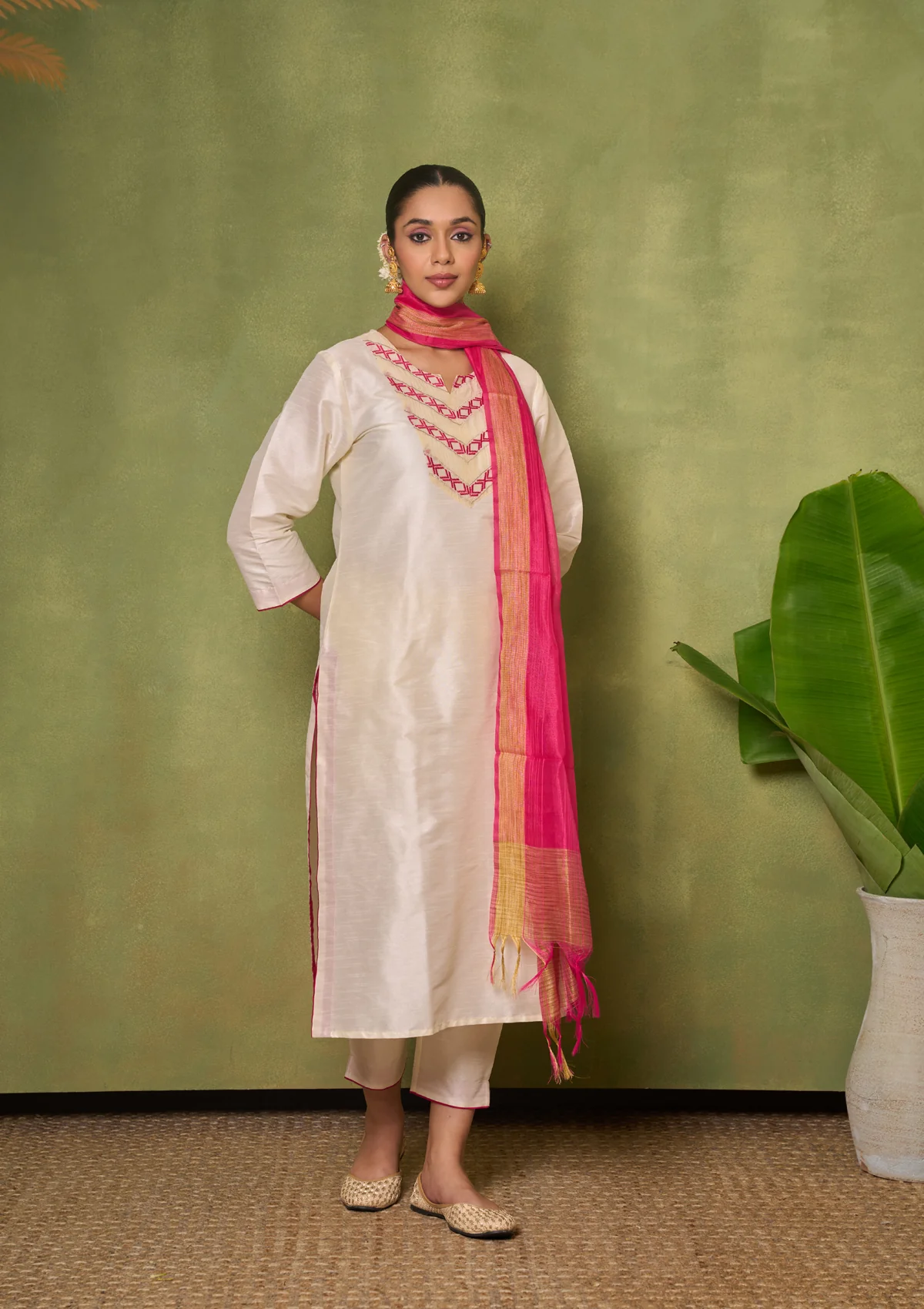 HOC Silk Blend Solid Women's 3 PC Long Kurta Set - Cream - Image 2
