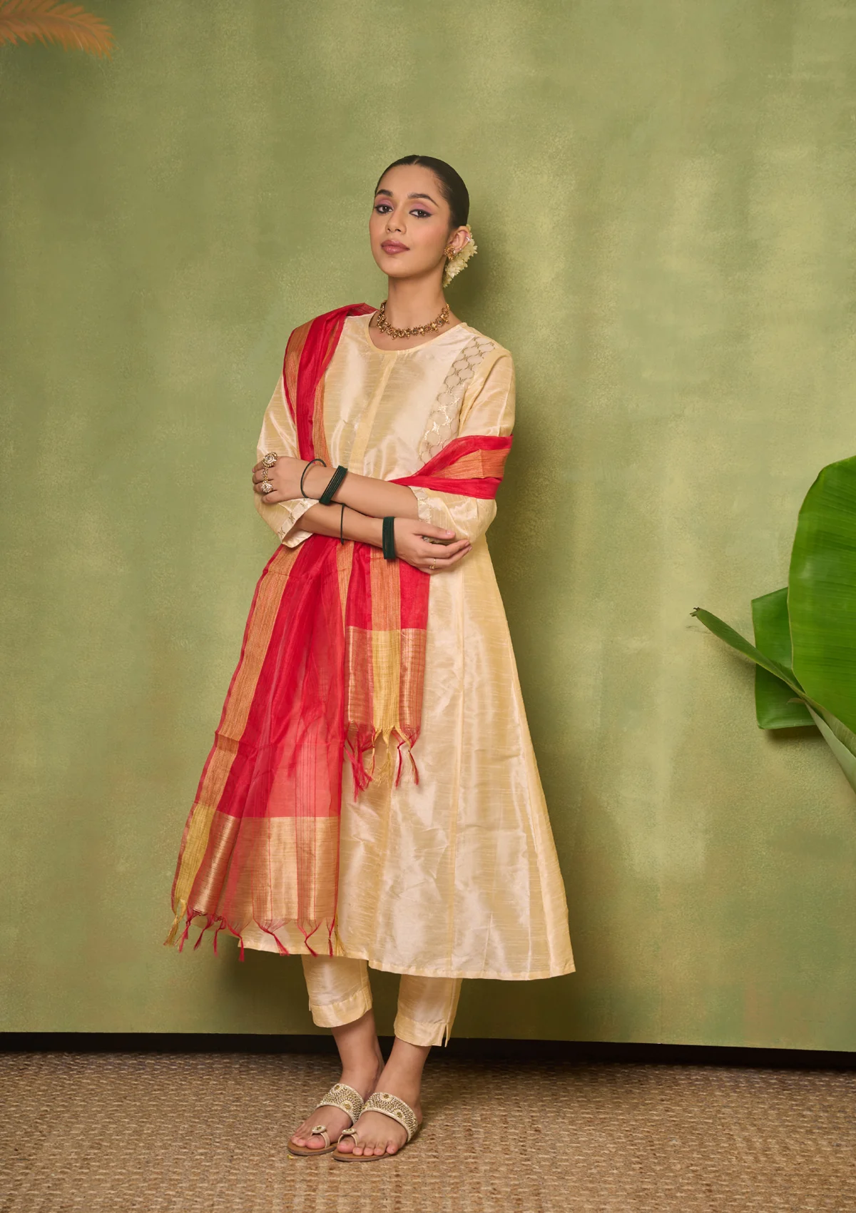 HOC Silk Blend Solid Women's 3 PC A-Line Kurta Set - Golden - Image 3