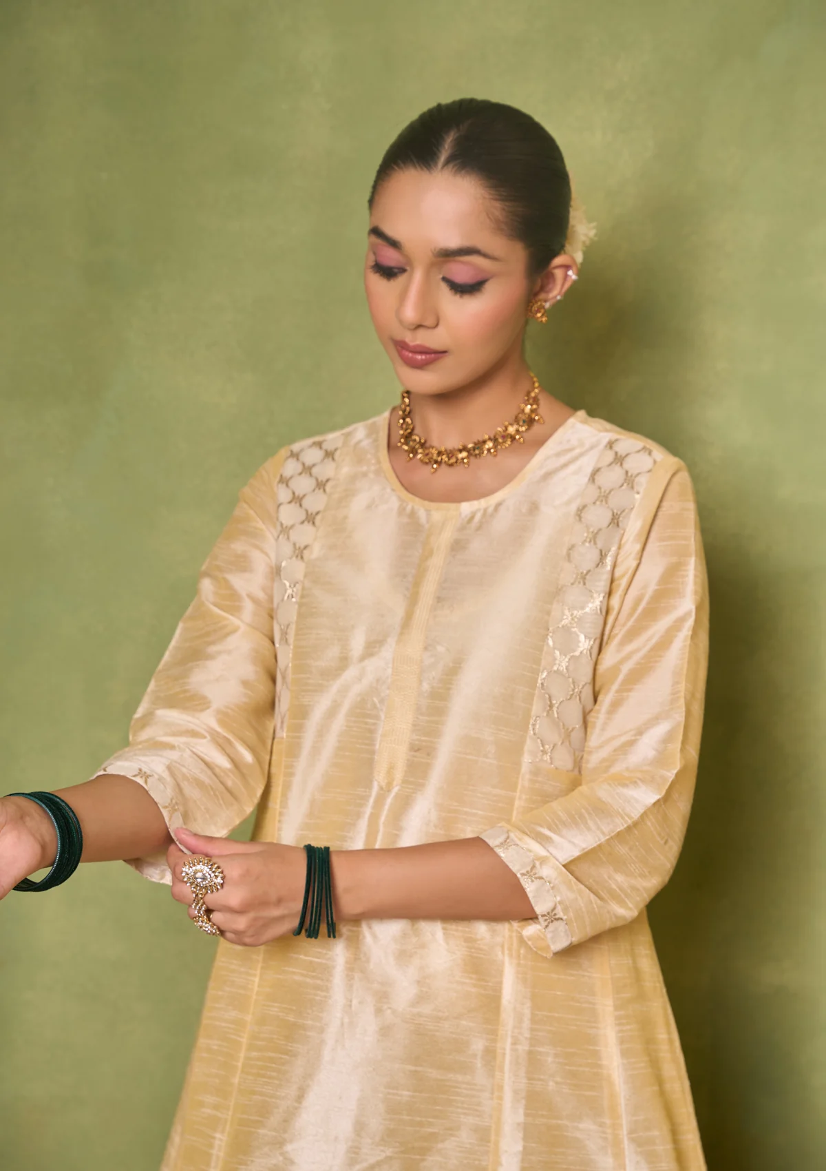 HOC Silk Blend Solid Women's 3 PC A-Line Kurta Set - Golden - Image 4