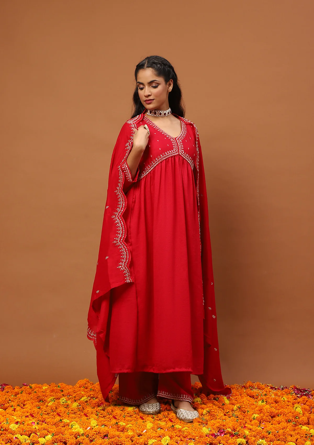 HOC Silk Blend Zari Embroidered Solid Women's 3 PC A-Line Kurta Set-Red - Image 3
