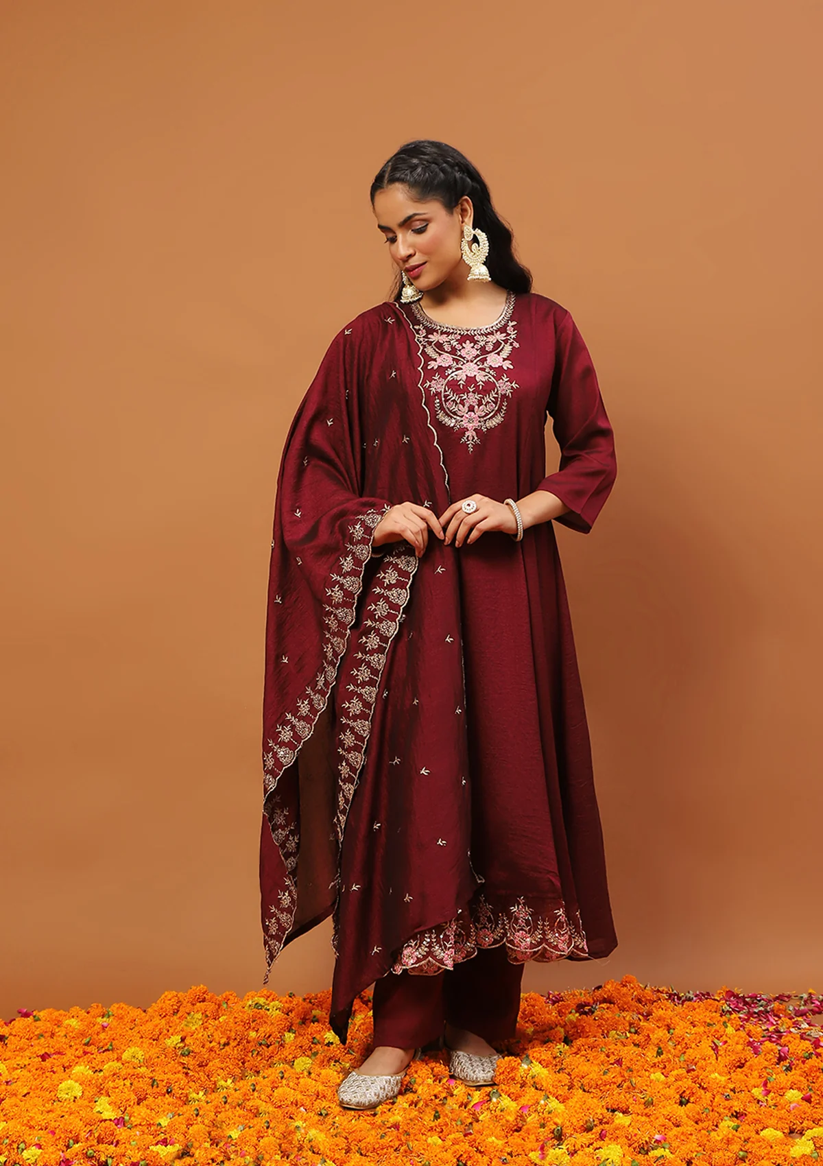 HOC Silk Blend Zari Embroidered With Sequins Solid Women's 3 PC Anarkali Kurta Set-Maroon