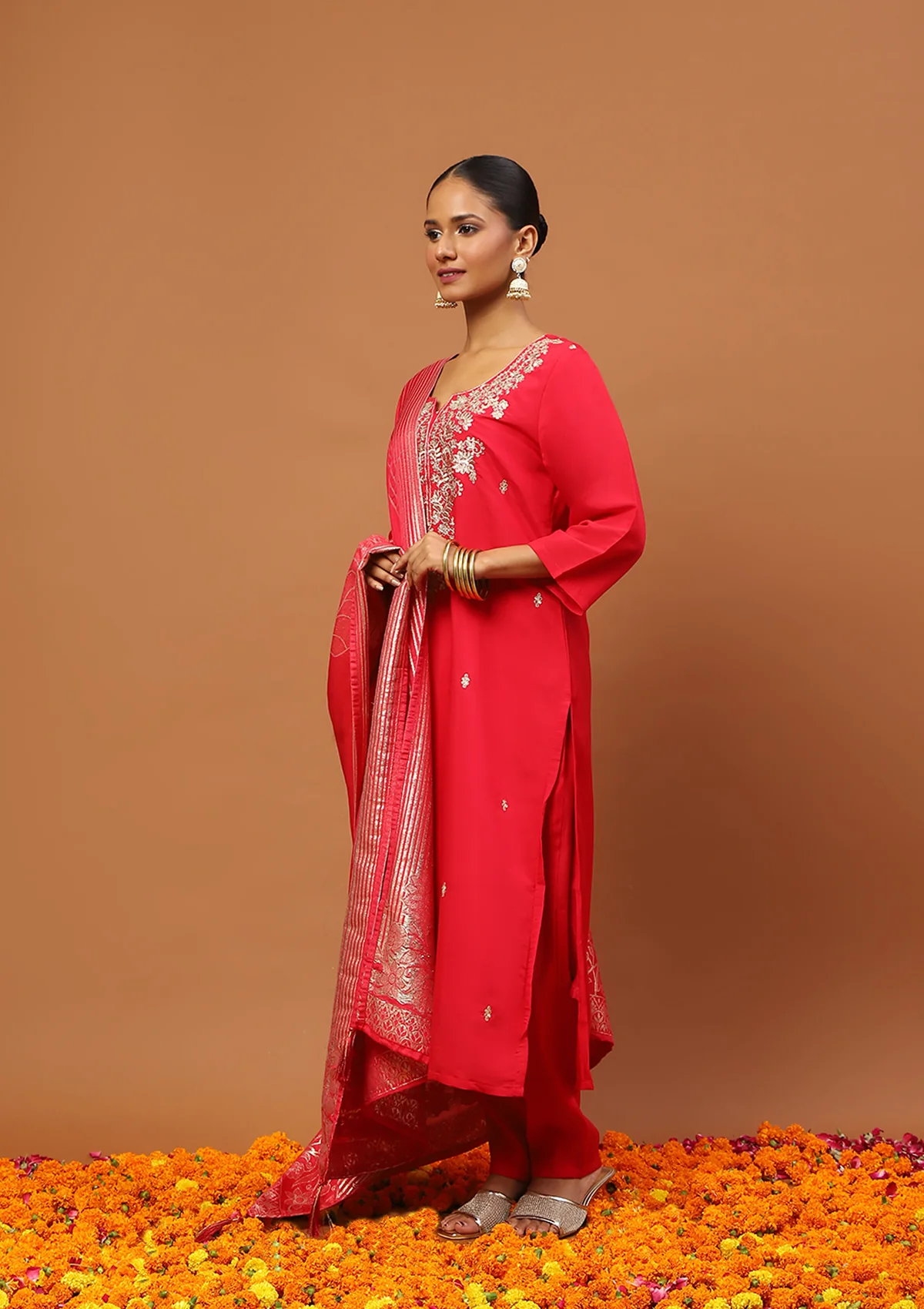 HOC Silk Blend Zari Embroidered With Sequins Solid Women's 3 PC Straight Kurta Set-Rose Pink - Image 3