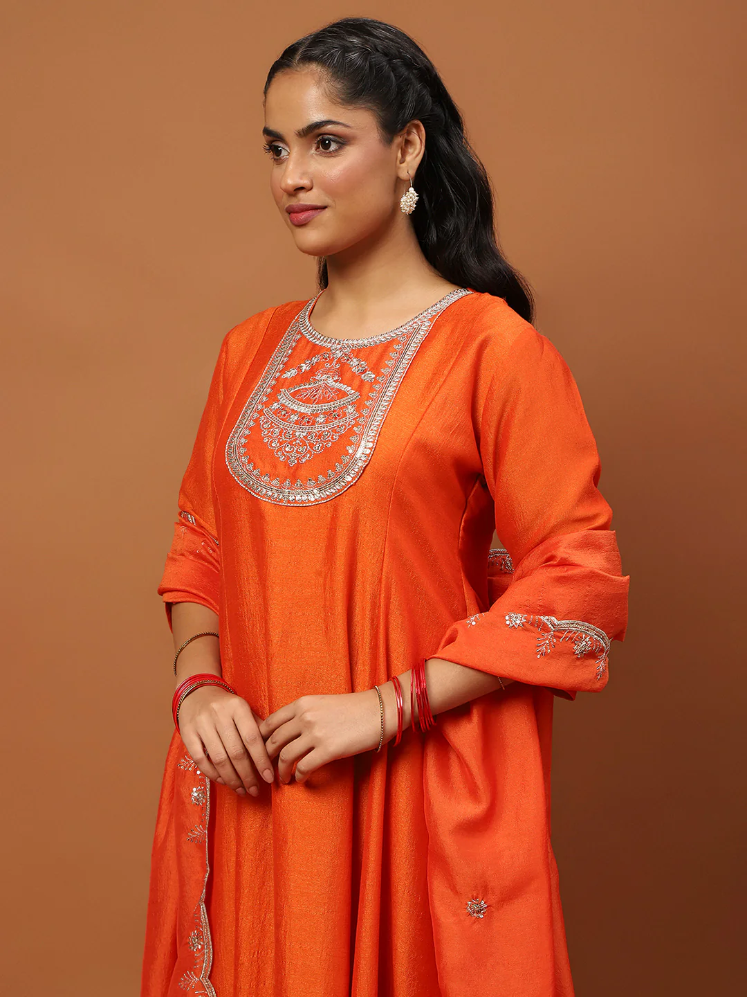 HOC Silk Blend Zari Embroidered With Sequins Solid Women's 3PC Anarkali Kurta Set-Orange - Image 5