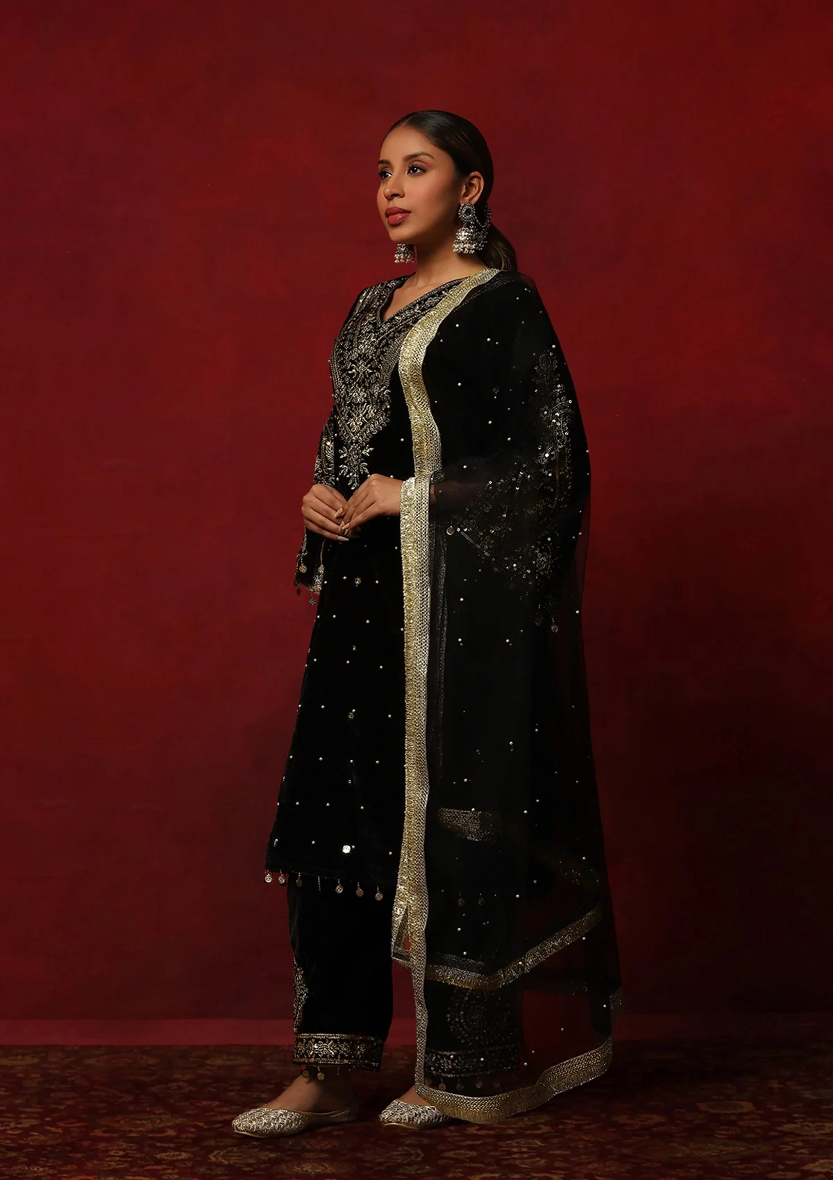 HOC Velvet Zari & Sequin Solid Women's 3 Pc Long Kurta Set-Black - Image 4