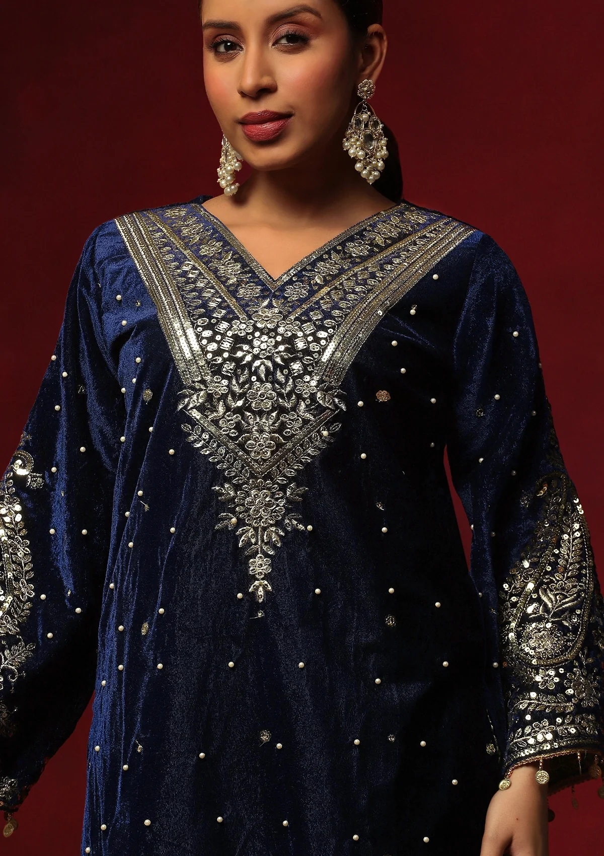 HOC Velvet Zari & Sequin Solid Women's 3 Pc Long Kurta Set-Navy Blue - Image 2