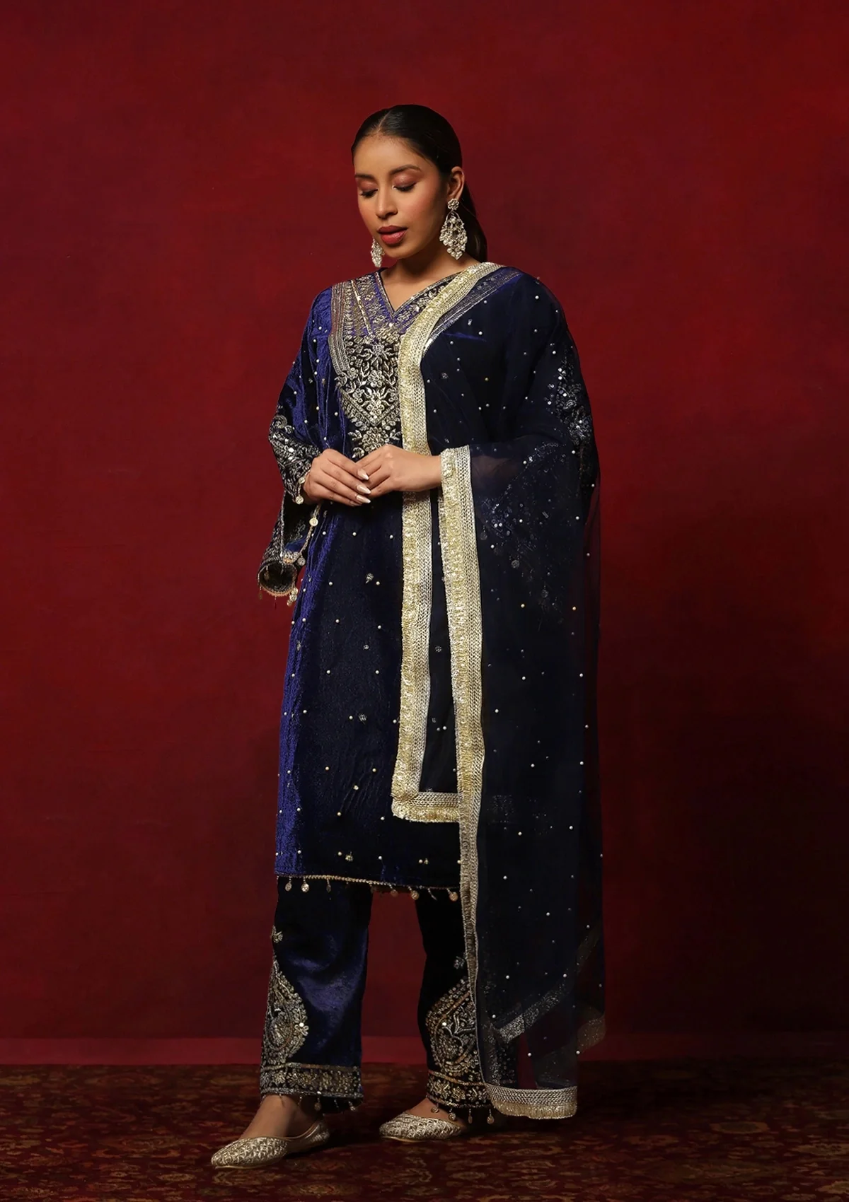 HOC Velvet Zari & Sequin Solid Women's 3 Pc Long Kurta Set-Navy Blue - Image 3