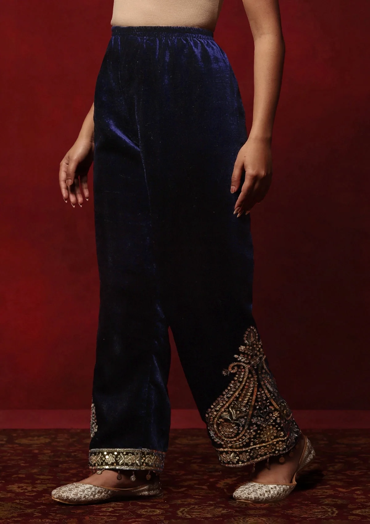 HOC Velvet Zari & Sequin Solid Women's 3 Pc Long Kurta Set-Navy Blue - Image 5