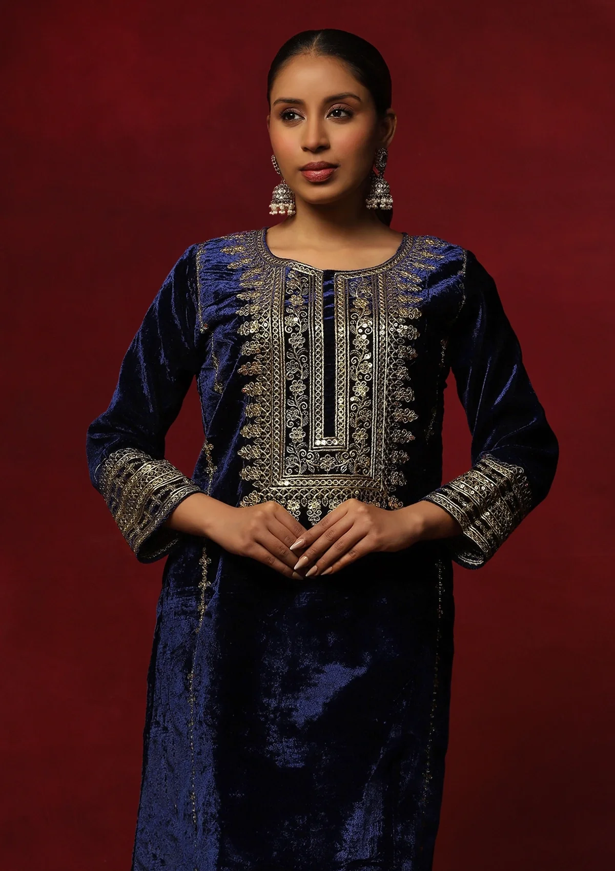 HOC Velvet Zari & Sequin Solid Women's 3 Pc Long Kurta Set-Navy Blue - Image 2