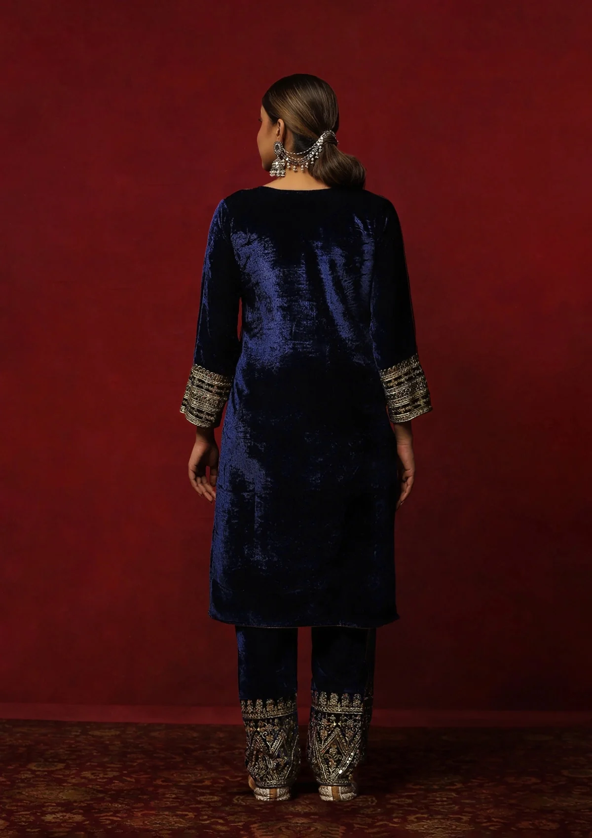 HOC Velvet Zari & Sequin Solid Women's 3 Pc Long Kurta Set-Navy Blue - Image 5