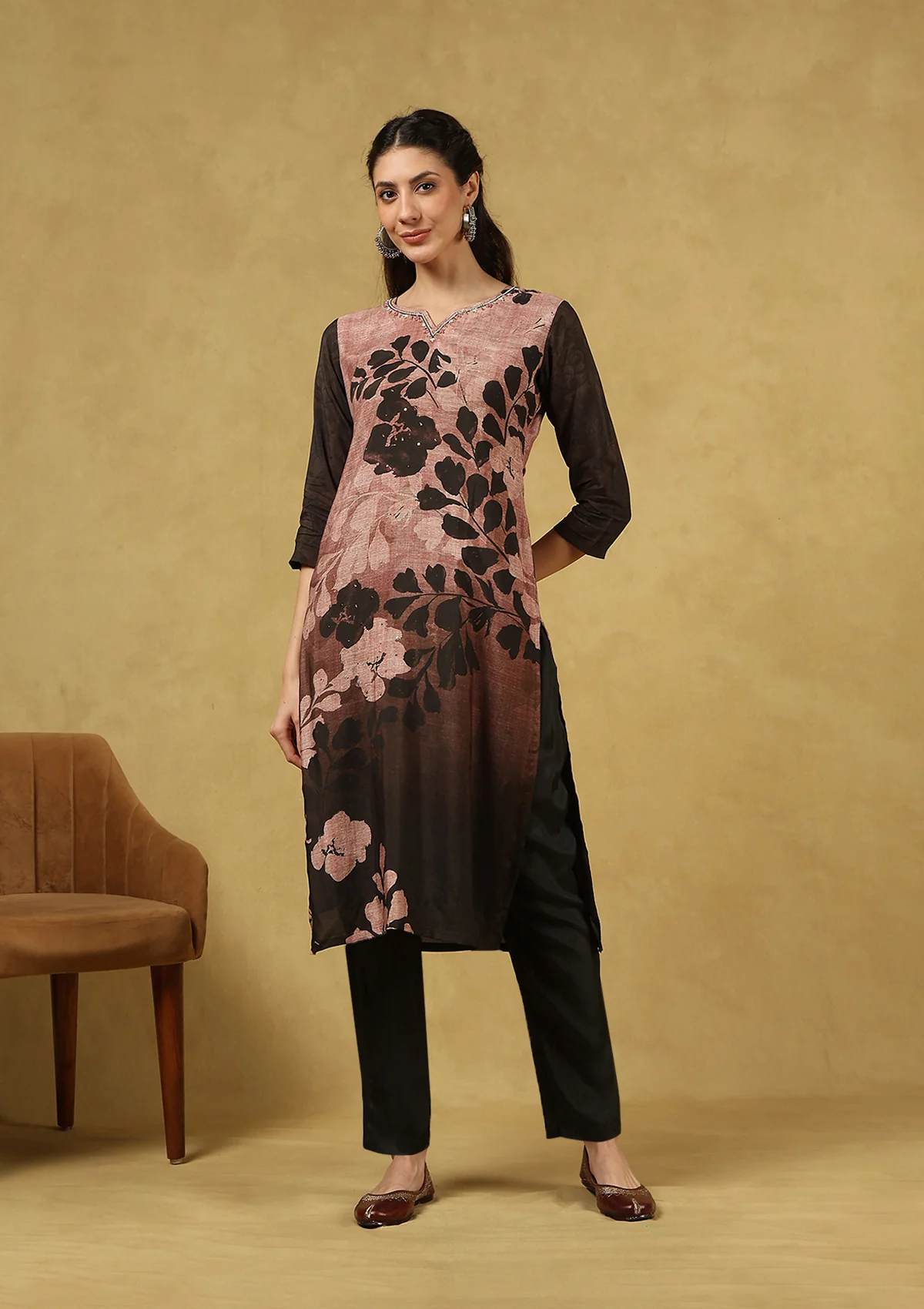 HOC Hand Embellished Muslin Printed Women's 3 PC Long Kurta Set with Dupatta - Black - Image 3