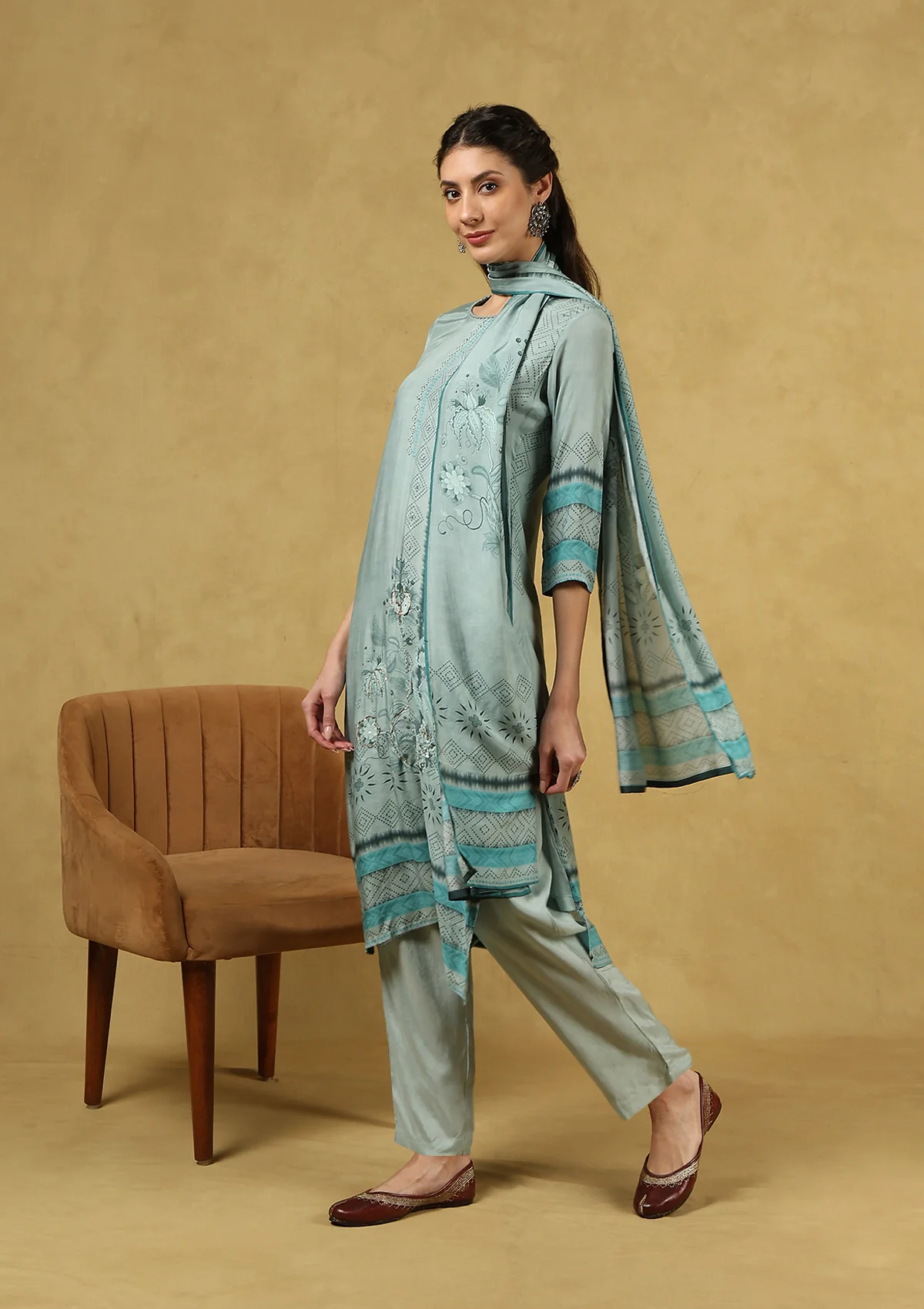 HOC Hand Embellished Muslin Zari Printed Women's 3 PC Long Kurta Set with Dupatta - Sea Green - Image 3
