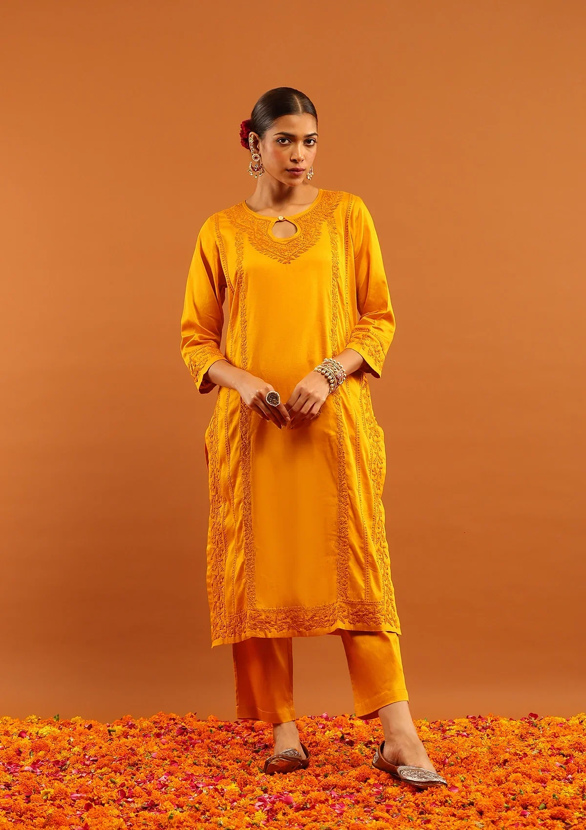 HOC Jaam Silk Chikankari Solid Women's 2 PC Long Kurta Set - Mustard