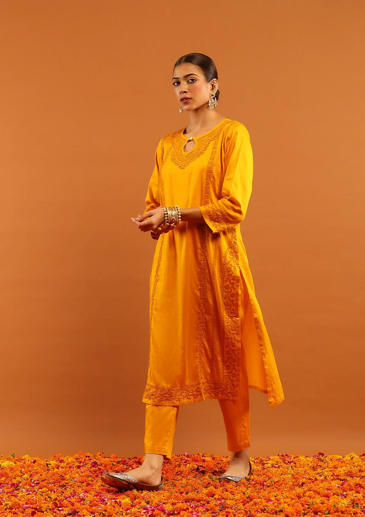HOC Jaam Silk Chikankari Solid Women's 2 PC Long Kurta Set - Mustard - Image 3