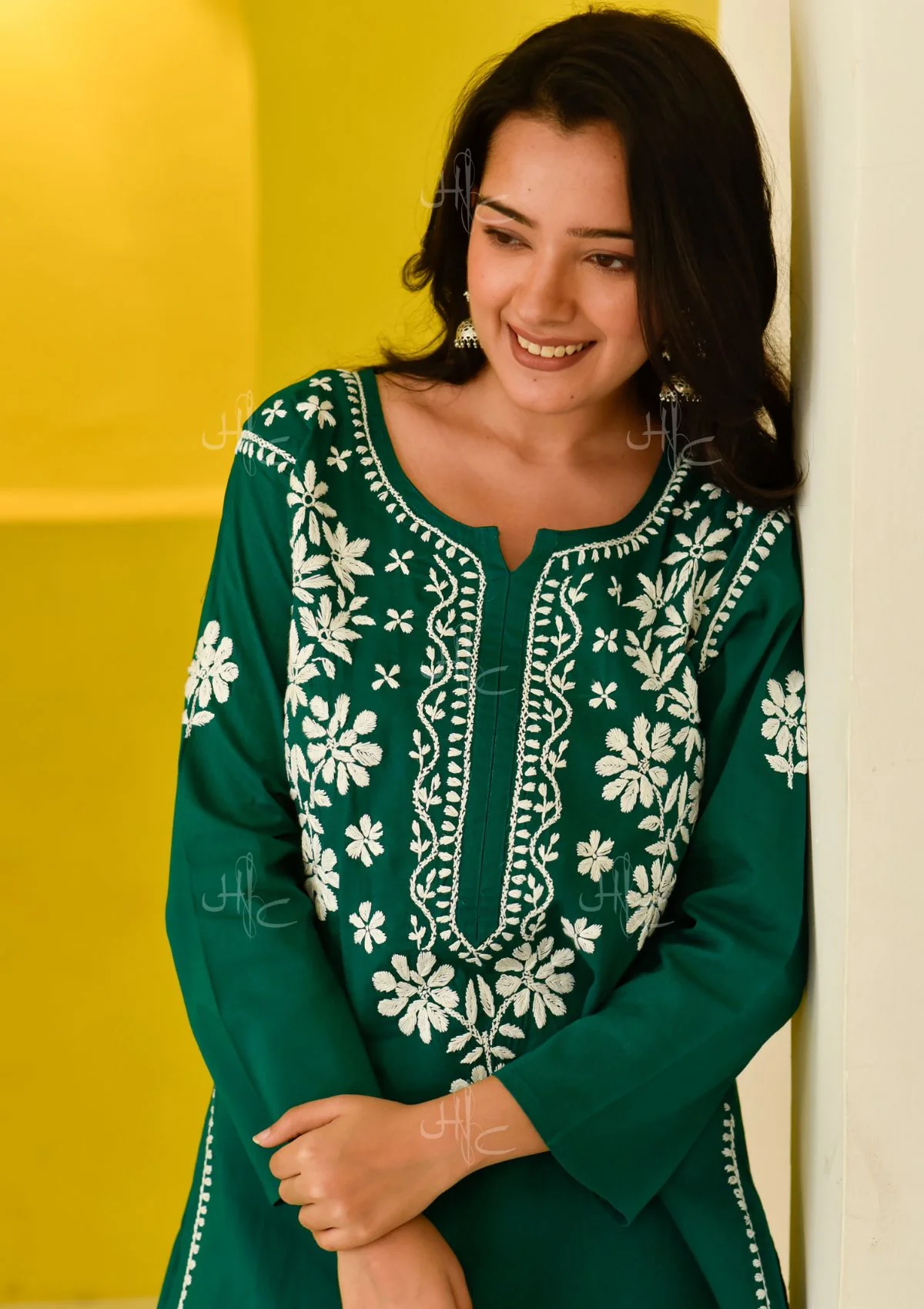 HOC Juhaina Chikankari Cotton Straight Set (Teal Green) - Image 4