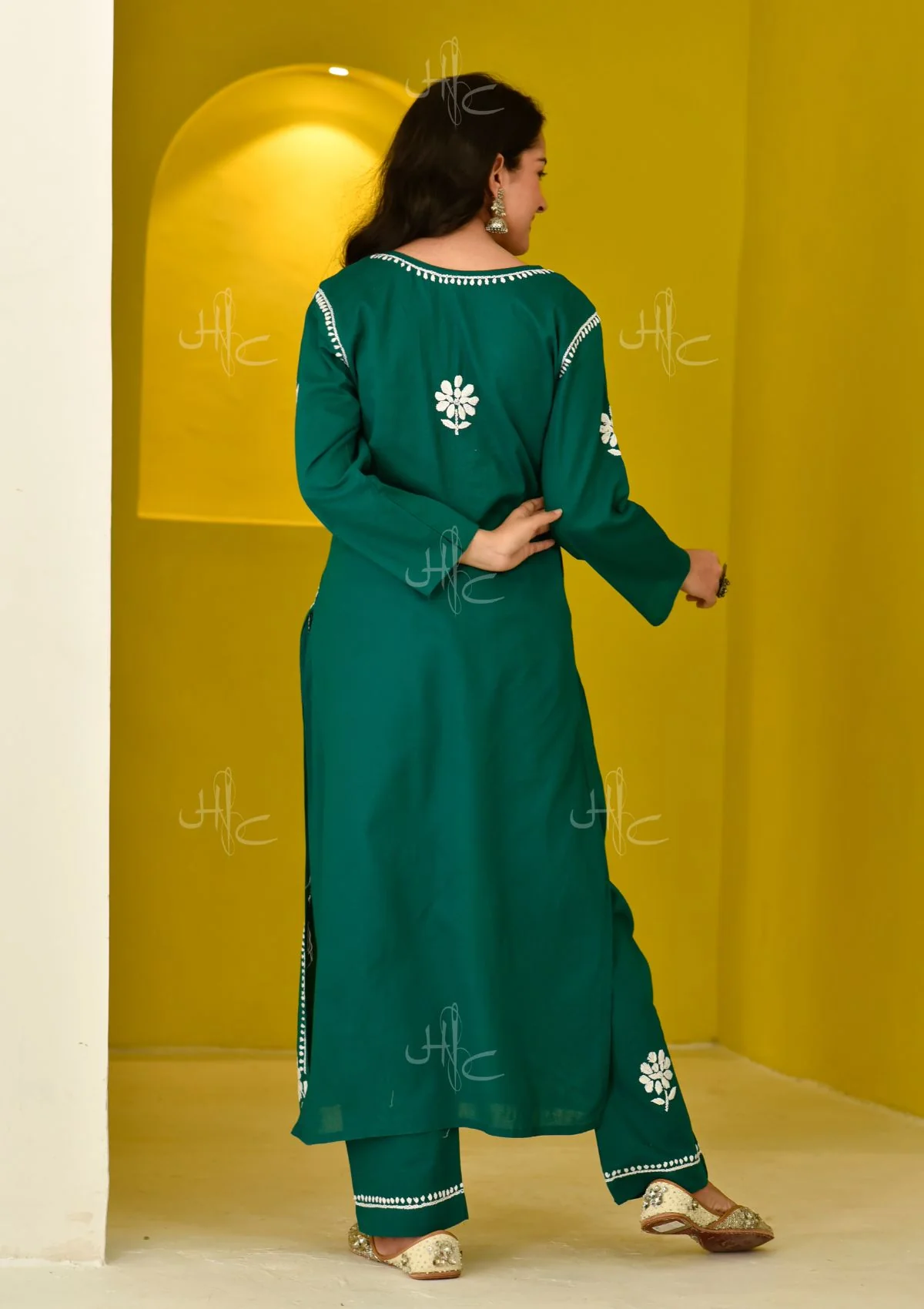 HOC Juhaina Chikankari Cotton Straight Set (Teal Green) - Image 6