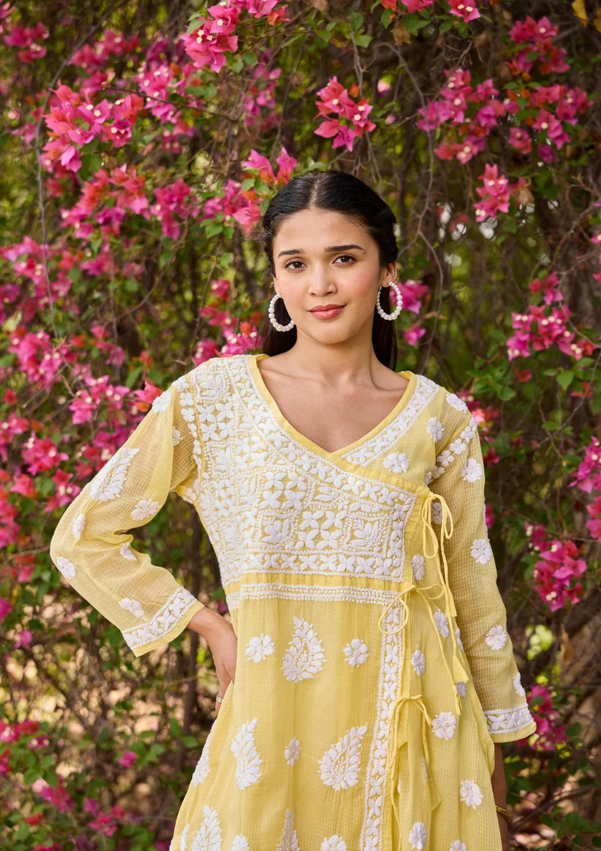 HOC Nazakat Kota Chikankari Solid Women's Angrakha With Inner - Yellow - Image 2