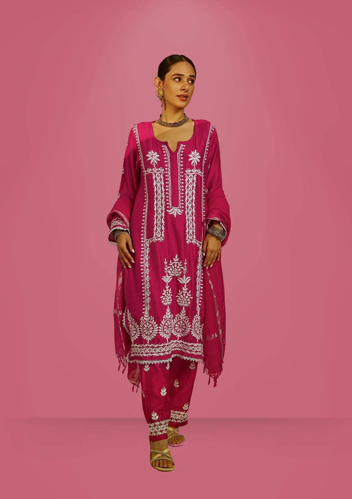 Mahnoor Chikankari Chanderi Straight Kurta Set with Dupatta