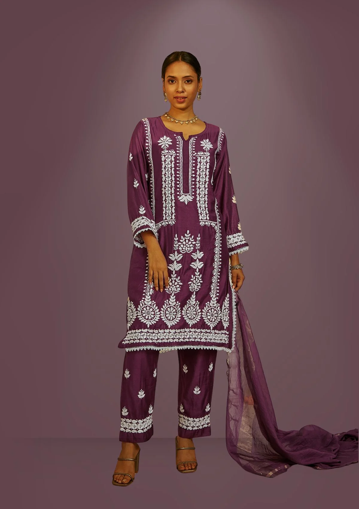 Mahnoor Chikankari Chanderi Straight Kurta Set with Dupatta