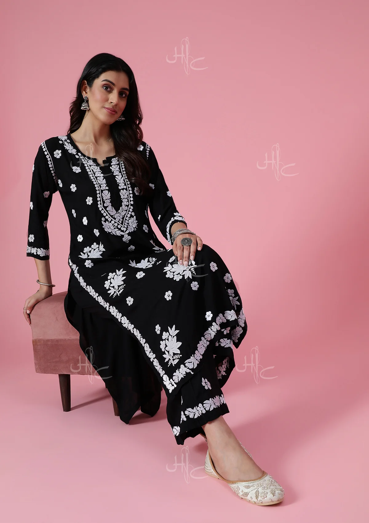 HOC Modal Chikankari Solid Women's 2 PC Long Kurta Set -  Black - Image 6
