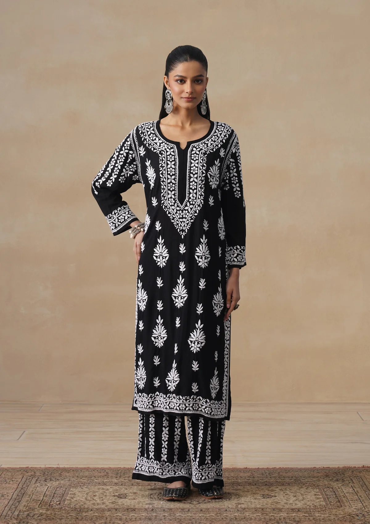 HOC Modal Chikankari Solid Women's 2 PC Long Kurta Set - Black