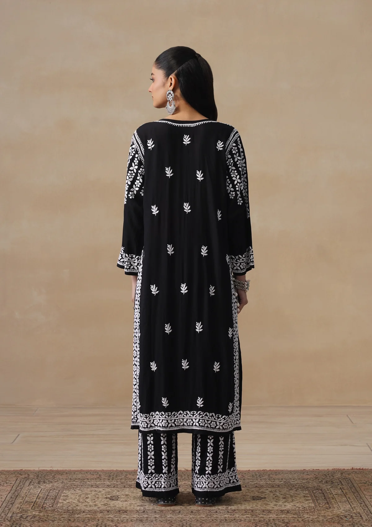 HOC Modal Chikankari Solid Women's 2 PC Long Kurta Set - Black - Image 11