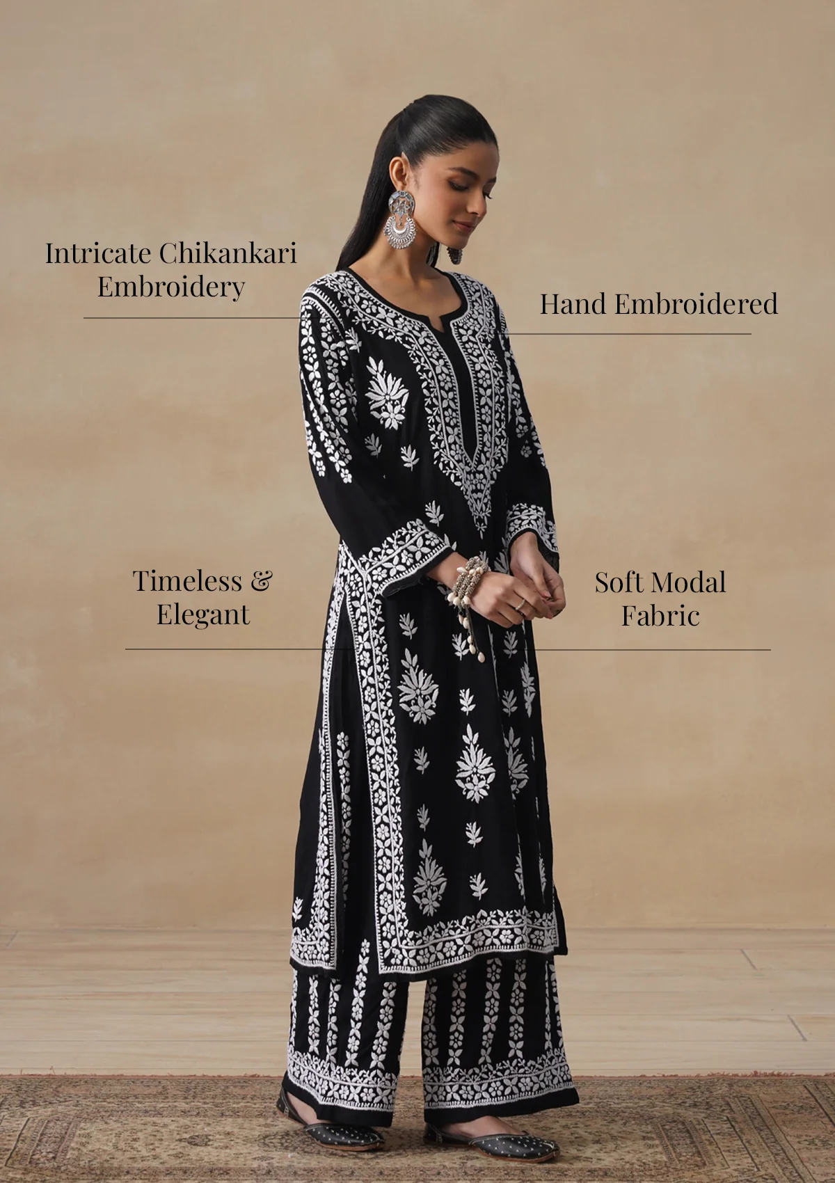 HOC Modal Chikankari Solid Women's 2 PC Long Kurta Set - Black - Image 12