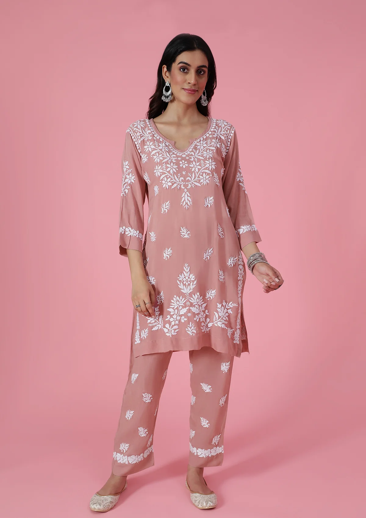 Modal Chikankari Solid Women's 2 PC Short Kurta Set - Dark Pink - Image 3