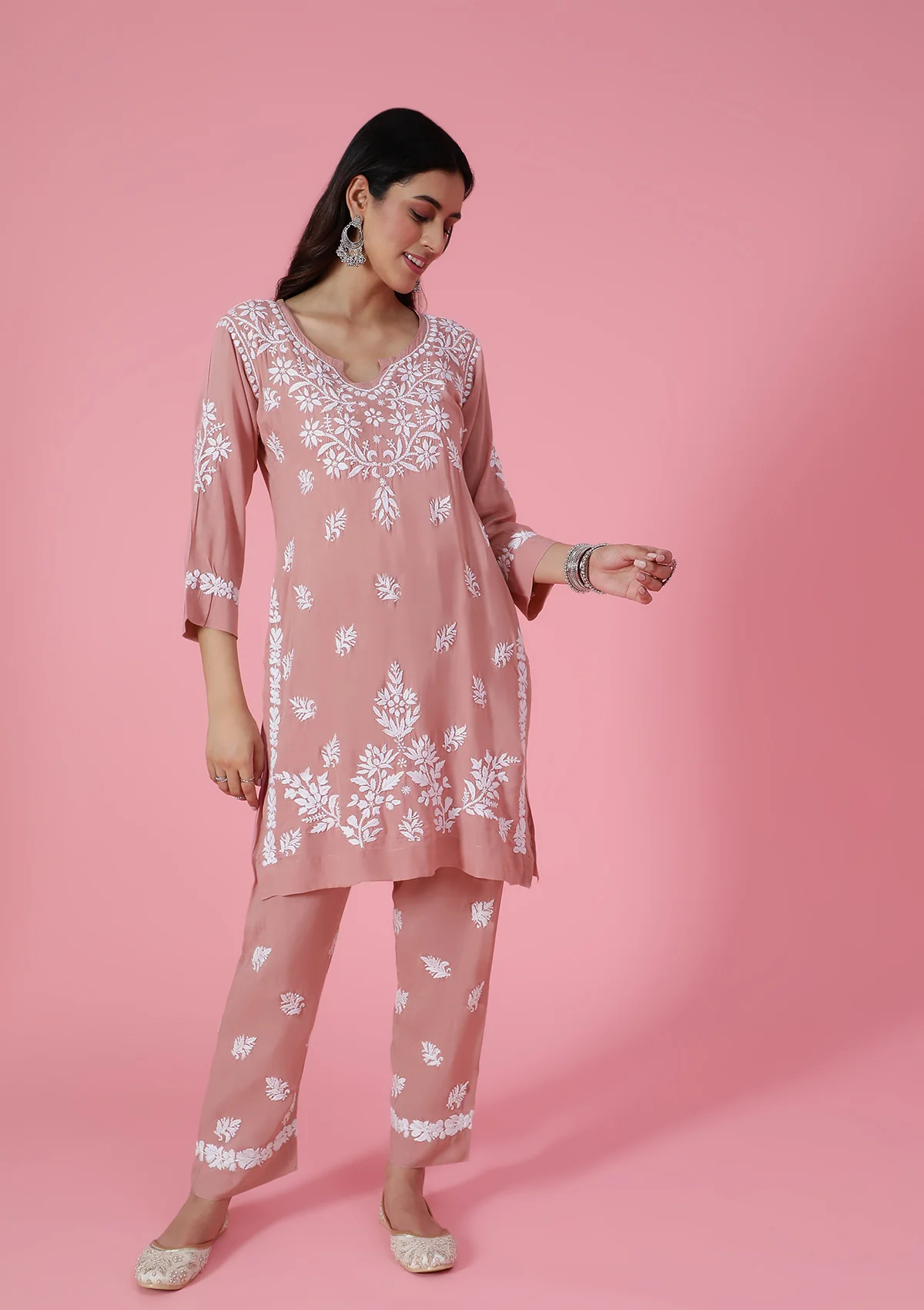 Modal Chikankari Solid Women's 2 PC Short Kurta Set - Dark Pink - Image 4