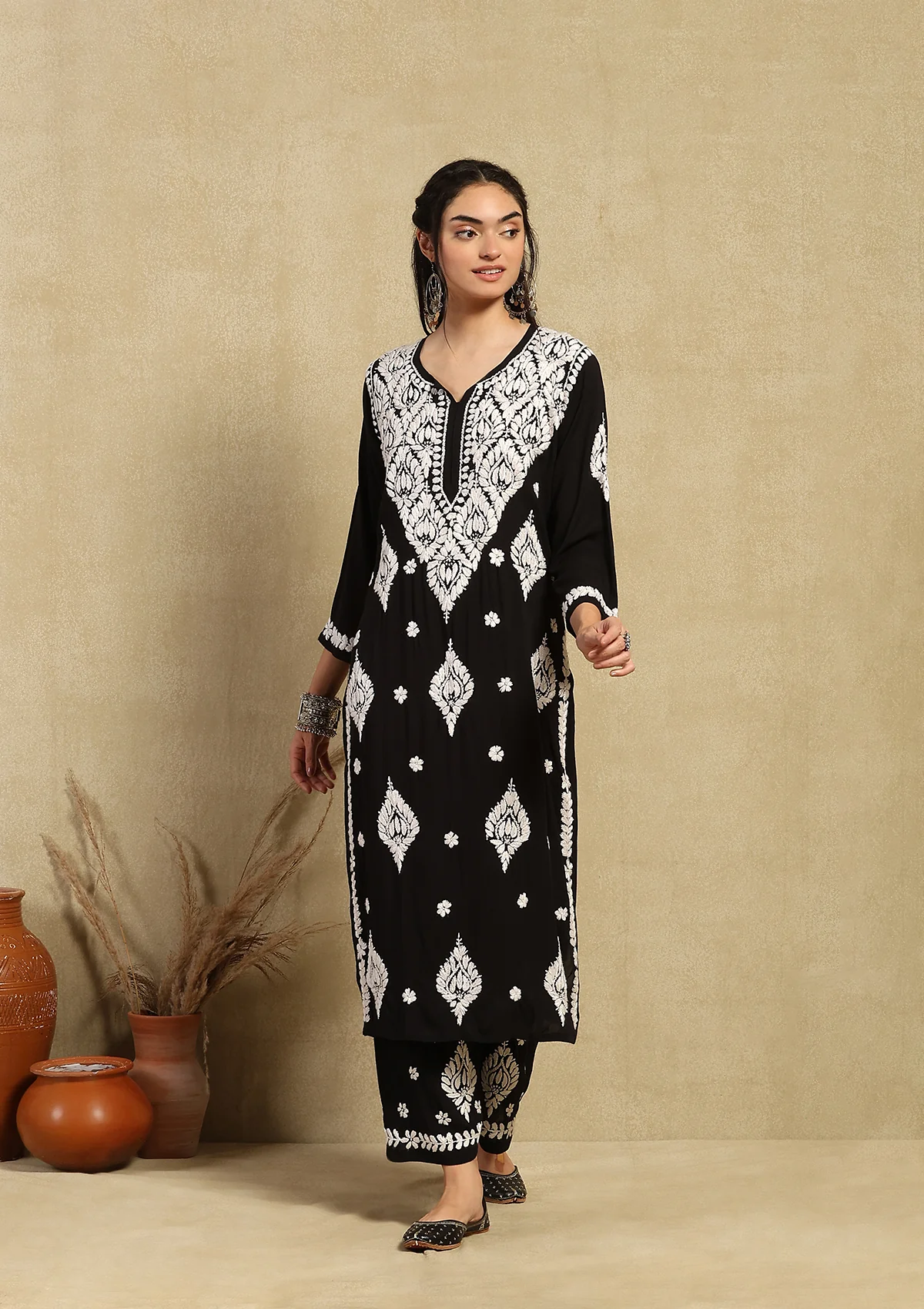 Modal Chikankari Solid Women's 2PC Long Kurta Set- Black - Image 5