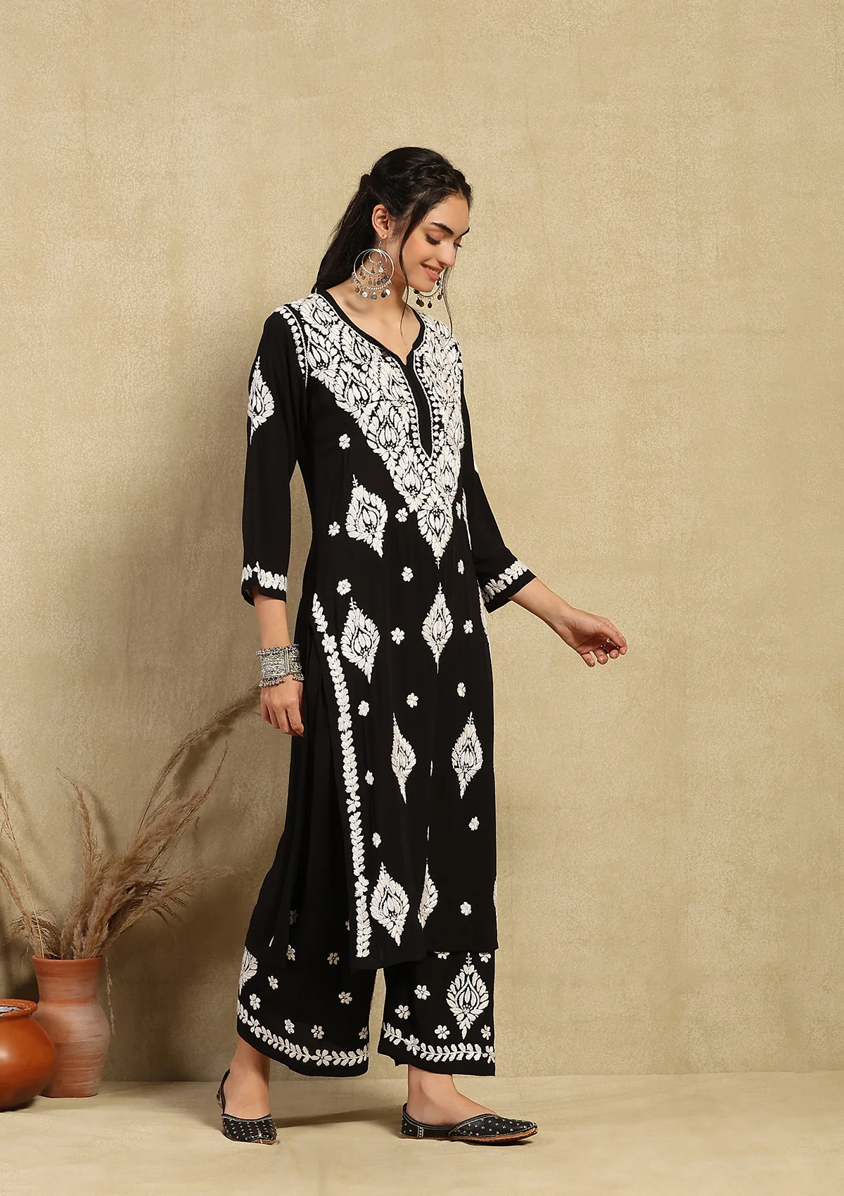 Modal Chikankari Solid Women's 2PC Long Kurta Set- Black - Image 6