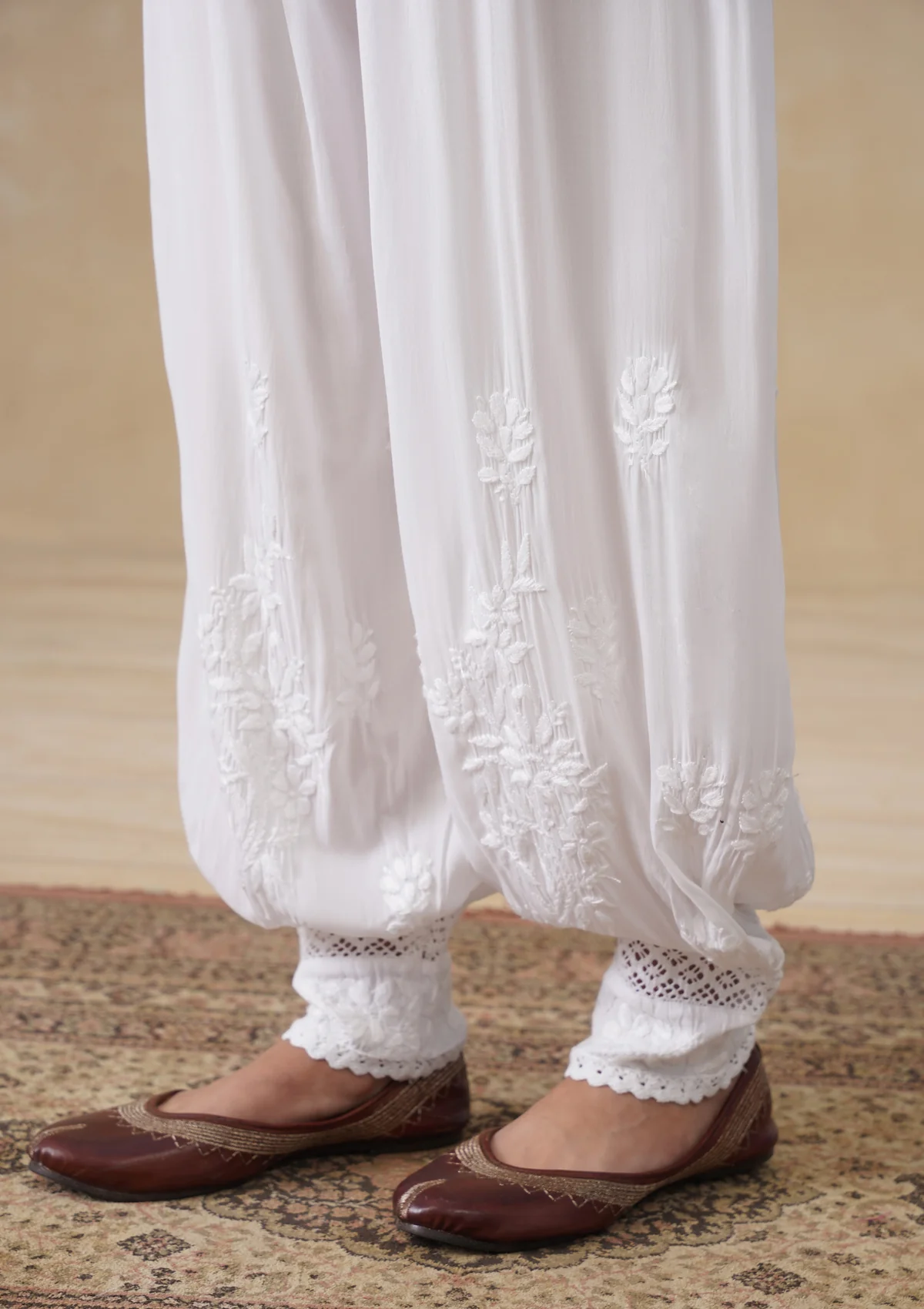 HOC Modal Chikankari Solid Women's Afghani Pants - White - Image 3