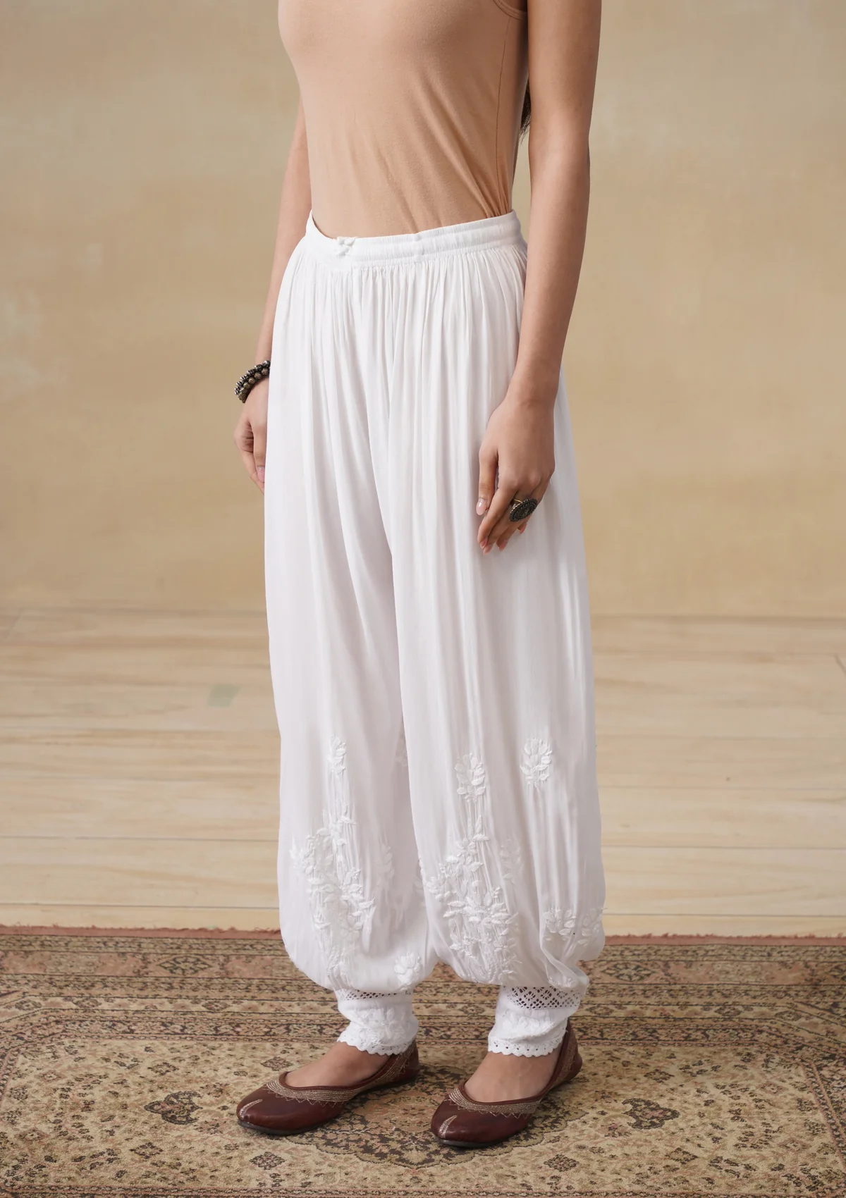 HOC Modal Chikankari Solid Women's Afghani Pants - White - Image 4