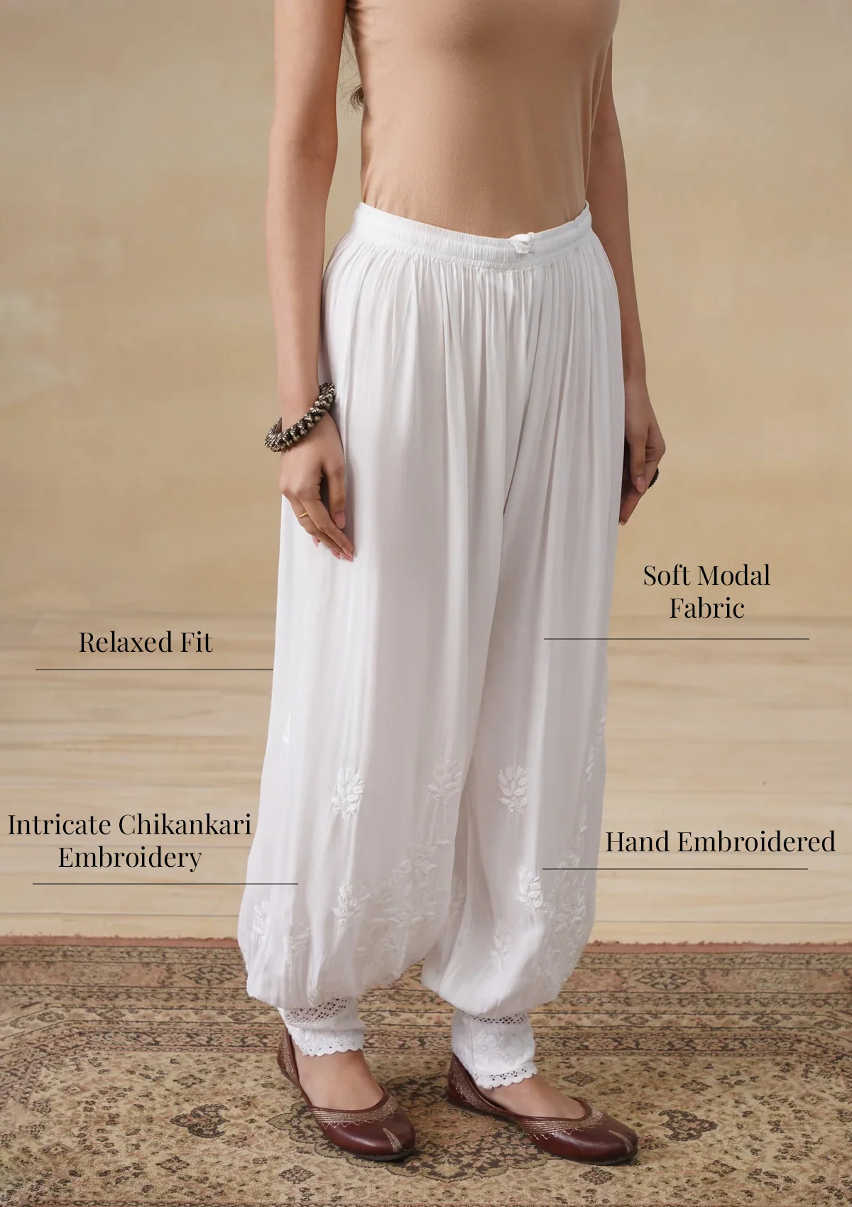HOC Modal Chikankari Solid Women's Afghani Pants - White - Image 6