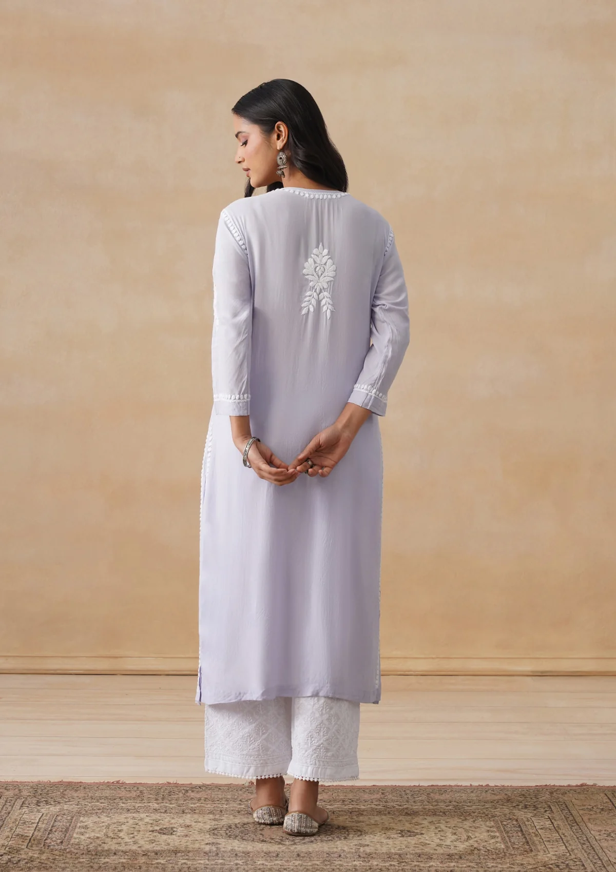 Modal Chikankari Solid Women's Long Kurta - Purple - Image 10