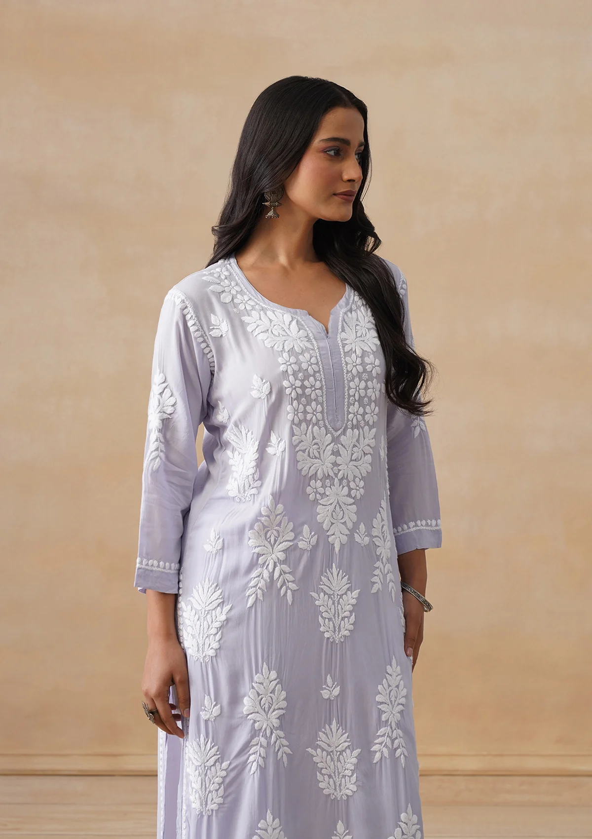 Modal Chikankari Solid Women's Long Kurta - Purple - Image 4