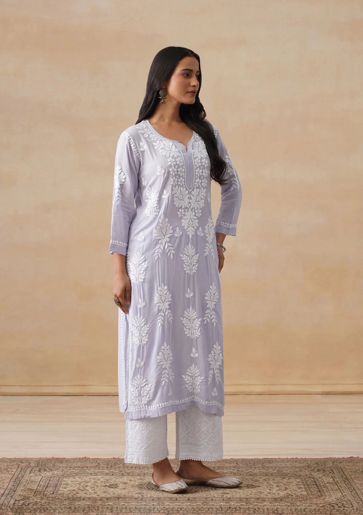 Modal Chikankari Solid Women's Long Kurta - Purple - Image 6