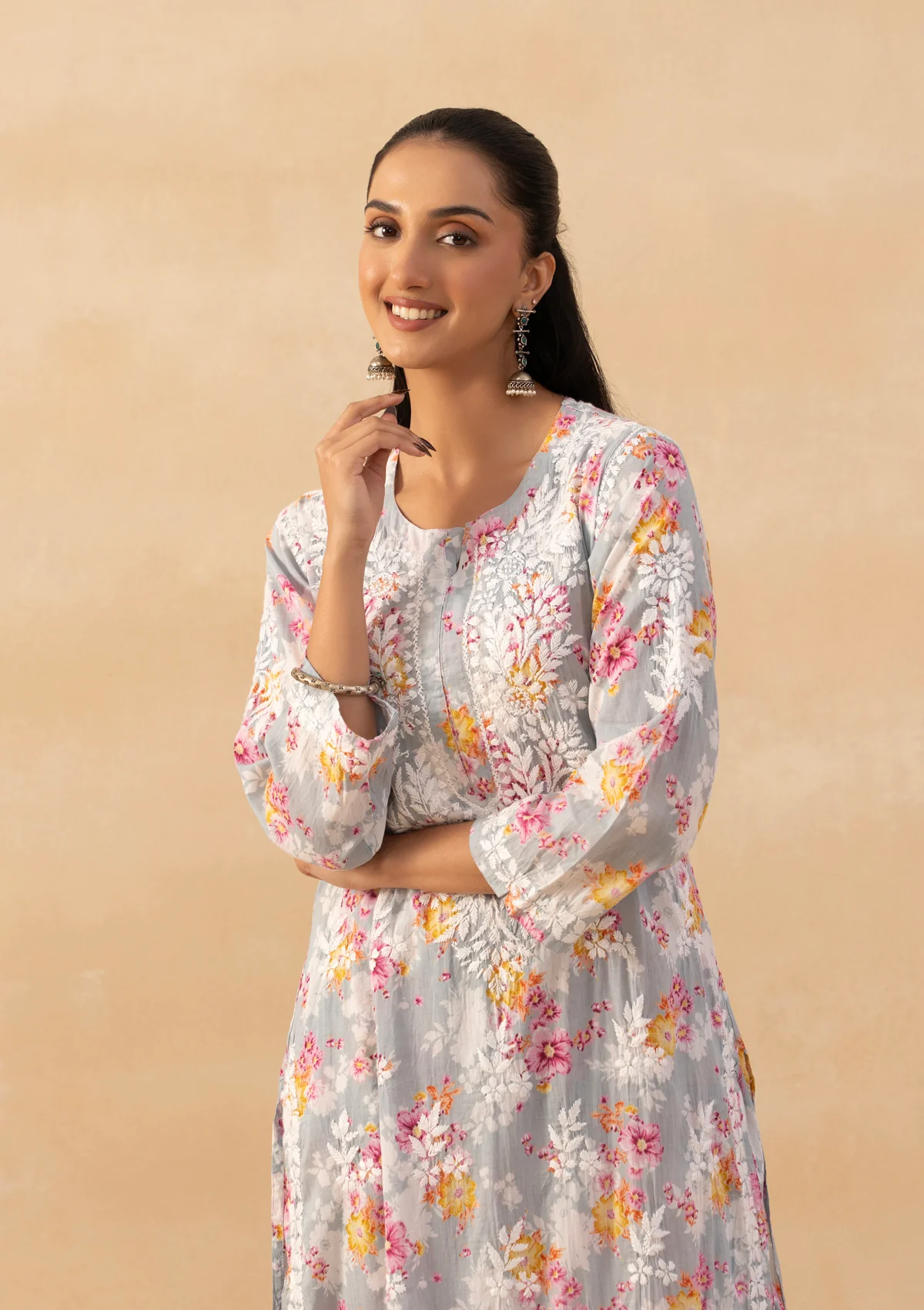HOC Mulmul Chikankari Printed Women's 2 PC Long Kurta Set - Grey - Image 2