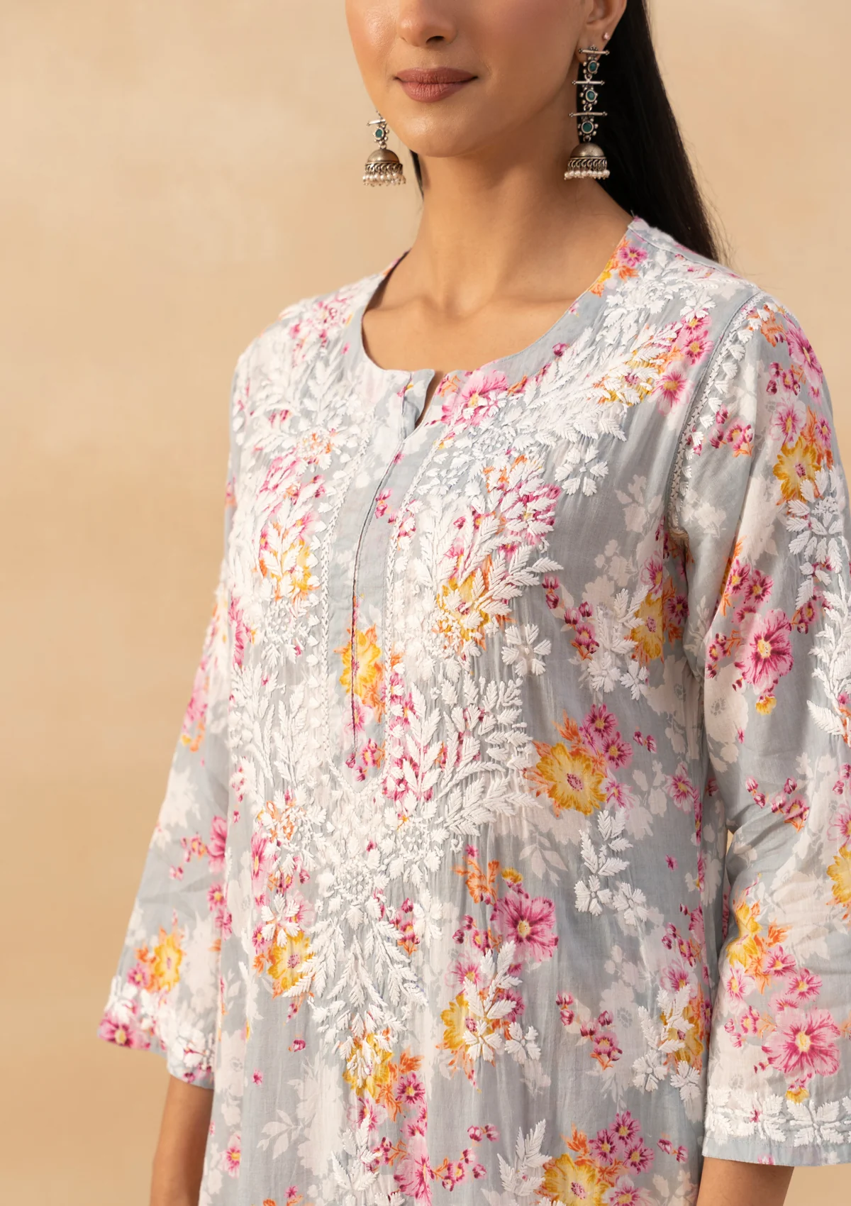 HOC Mulmul Chikankari Printed Women's 2 PC Long Kurta Set - Grey - Image 5