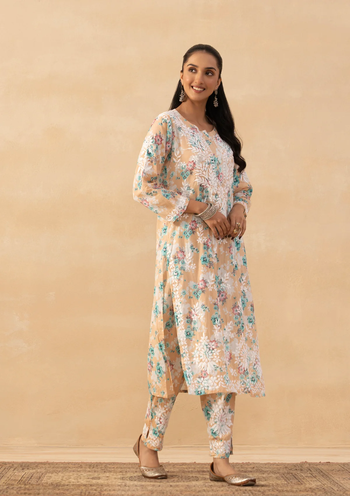 HOC Mulmul Chikankari Printed Women's 2 PC Long Kurta Set - Orange - Image 4